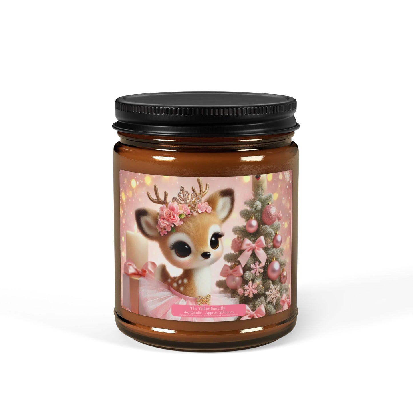 Pink Christmas Reindeer Soy Candle | Available in 4oz & 9oz | (Multi-Size, Amber Jar) by The Yellow Butterfly