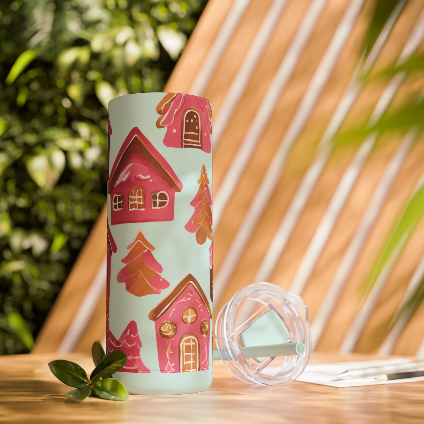 Pink Gingerbread Houses Skinny (MATTE) Tumbler – | 20oz Holiday Drinkware in Dusty Rose, Dusty Blue & Sea Glass