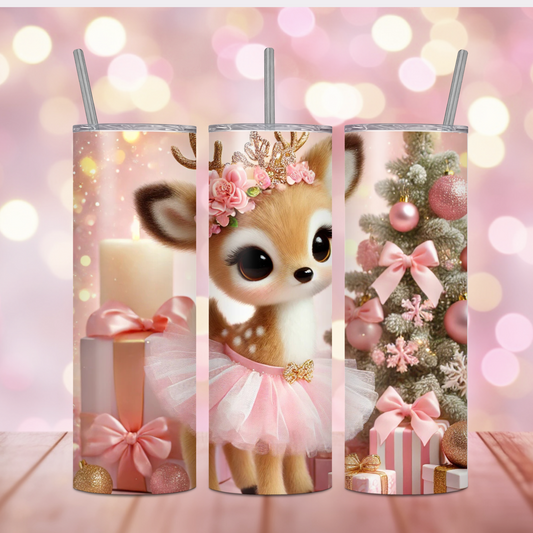 Christmas Reindeer Princess in Pink and White Striped Tutu 20oz Glossy Skinny Tumbler