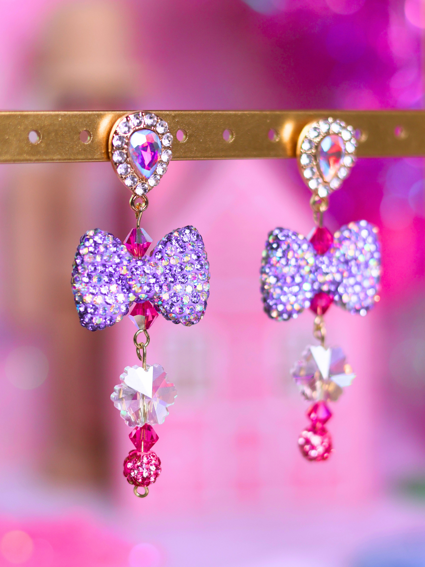 Pink Christmas Collection: Sparkling Bow Drop Earrings – Playful Glam for the Holiday Season