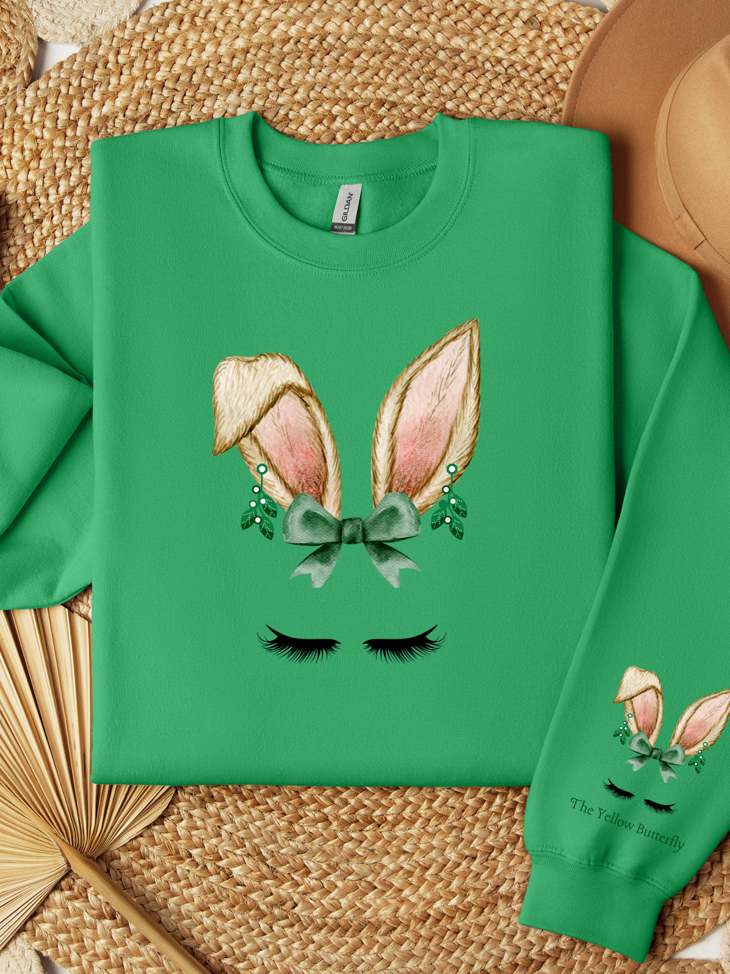 Christmas Bunny Ears Green Bow and Dangle Earrings Sweatshirt