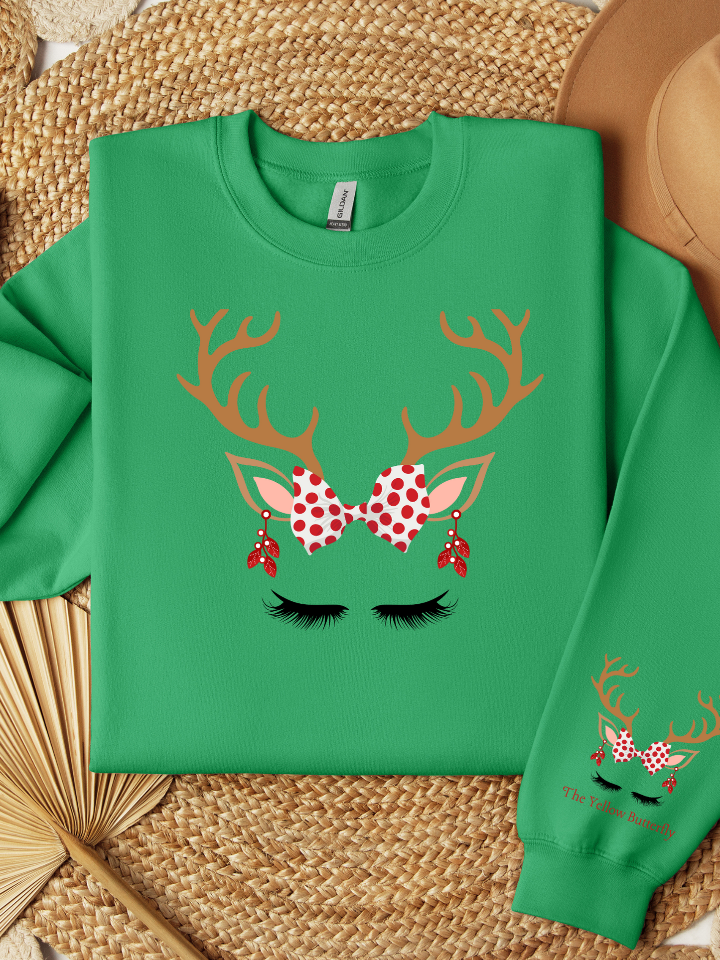 Christmas Glam Deer Antlers Polka Dot Bow Sweatshirt