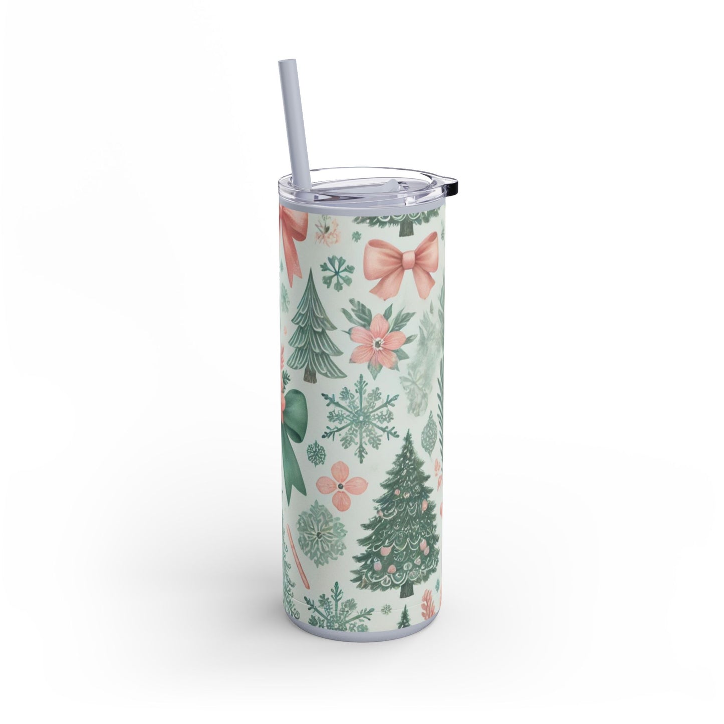 Festive Bow & Tree Skinny Matte Tumbler | 20oz Holiday Drinkware in Dusty Rose, Dusty Blue & Sea Glass