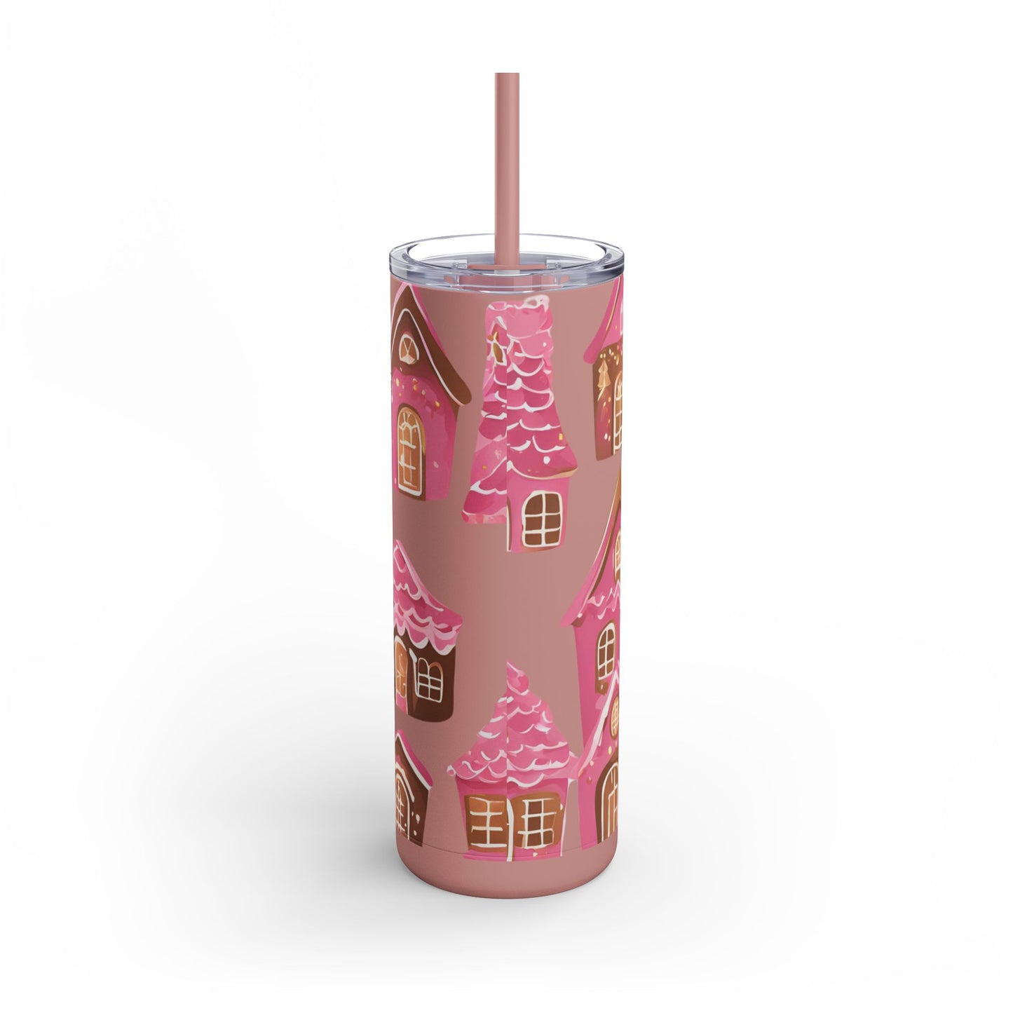 Pink Gingerbread Houses Skinny (MATTE) Tumbler – | 20oz Holiday Drinkware in Dusty Rose, Dusty Blue & Sea Glass