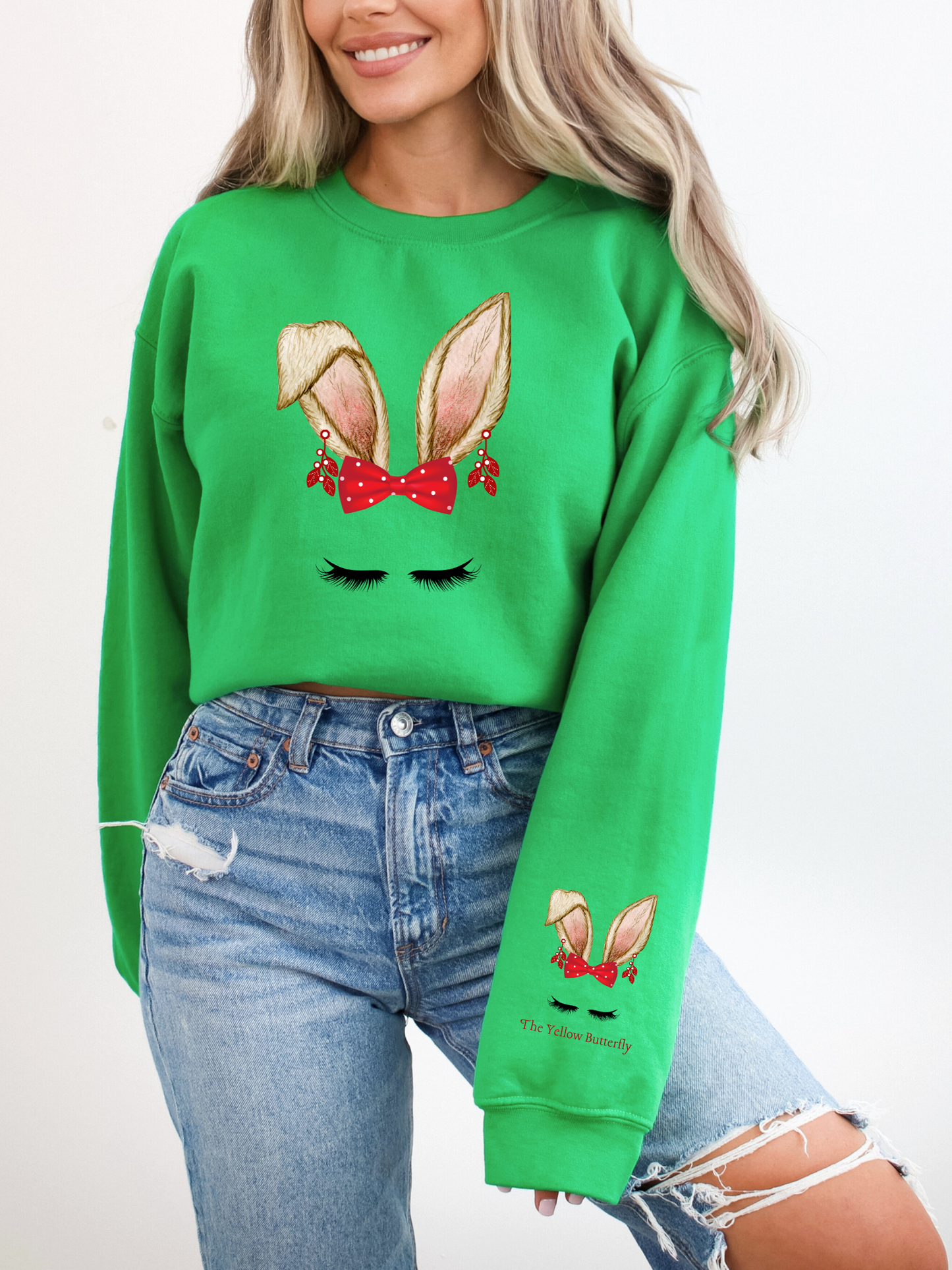 Christmas Bunny Ears Red Bow with Polka Dots and Dangle Earrings Sweatshirt