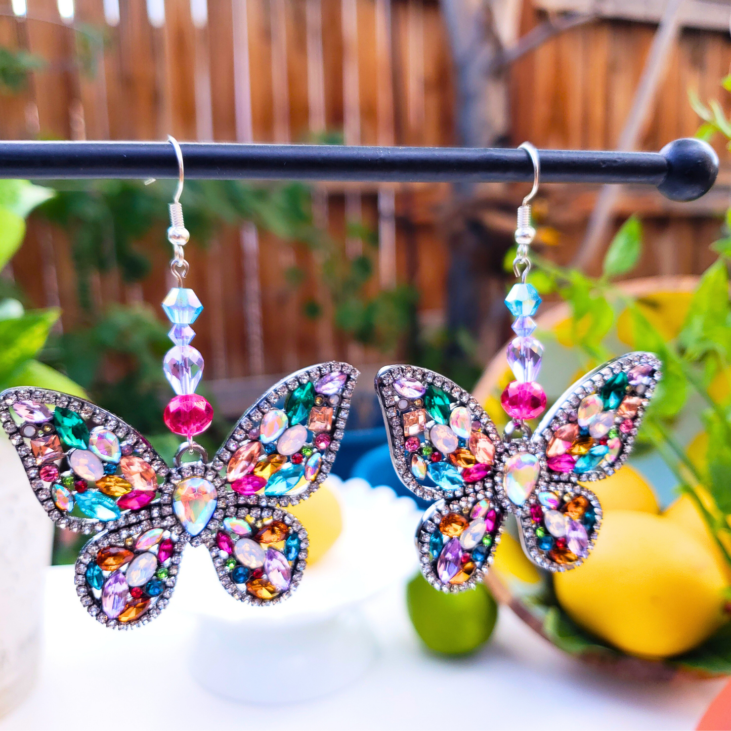 Multicolored Sparkly Butterfly Statement Earrings - Dazzling Summer Glam