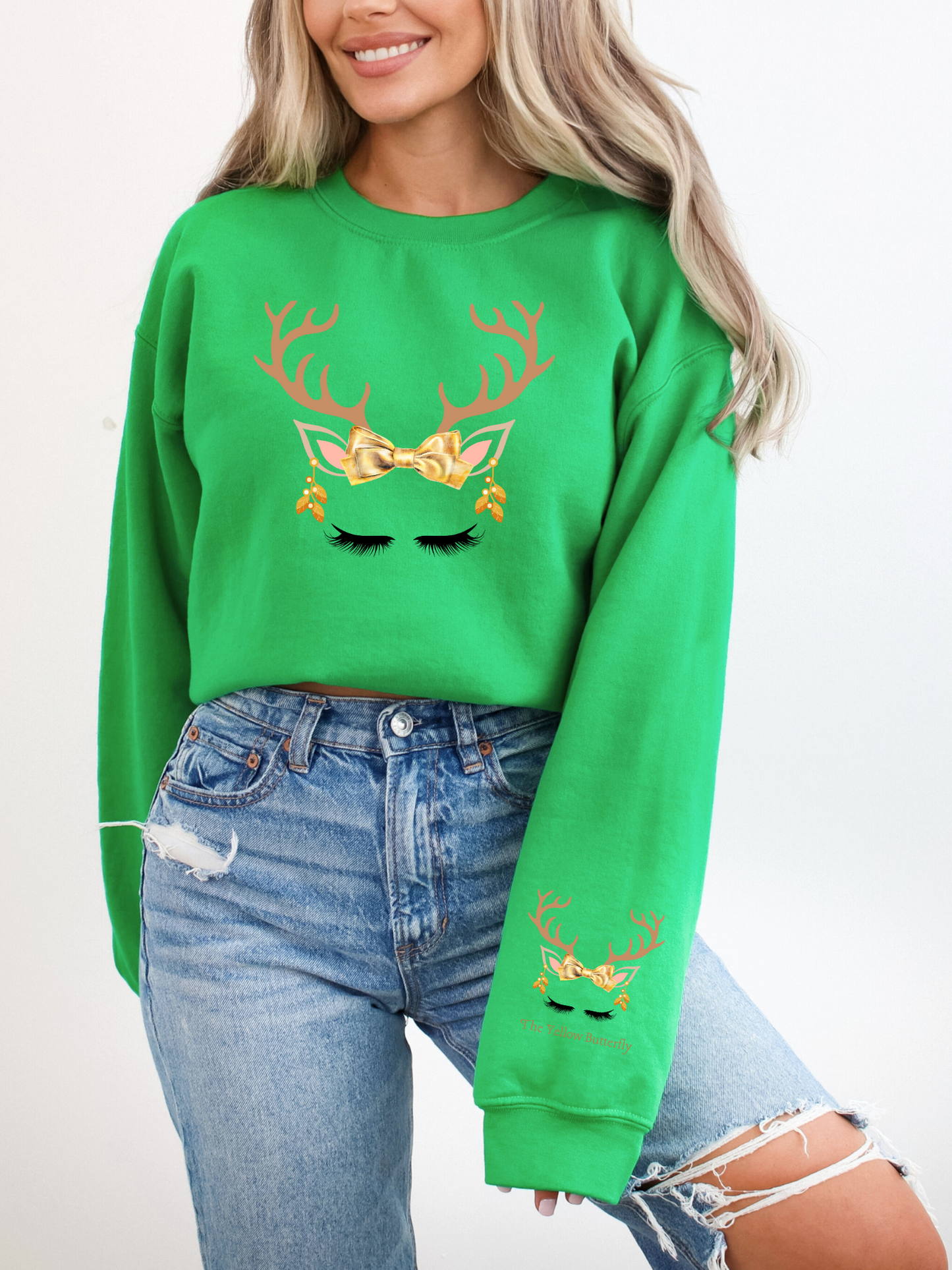 Christmas Glam Deer Antlers Gold Bow Sweatshirt