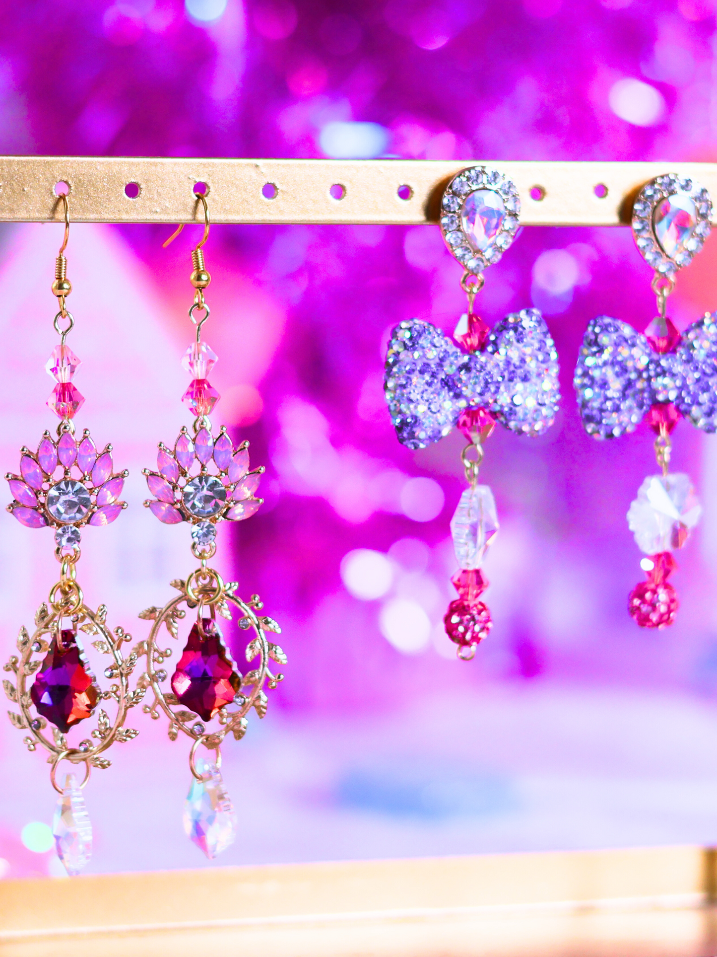 Pink Christmas Collection: Sparkling Bow Drop Earrings – Playful Glam for the Holiday Season