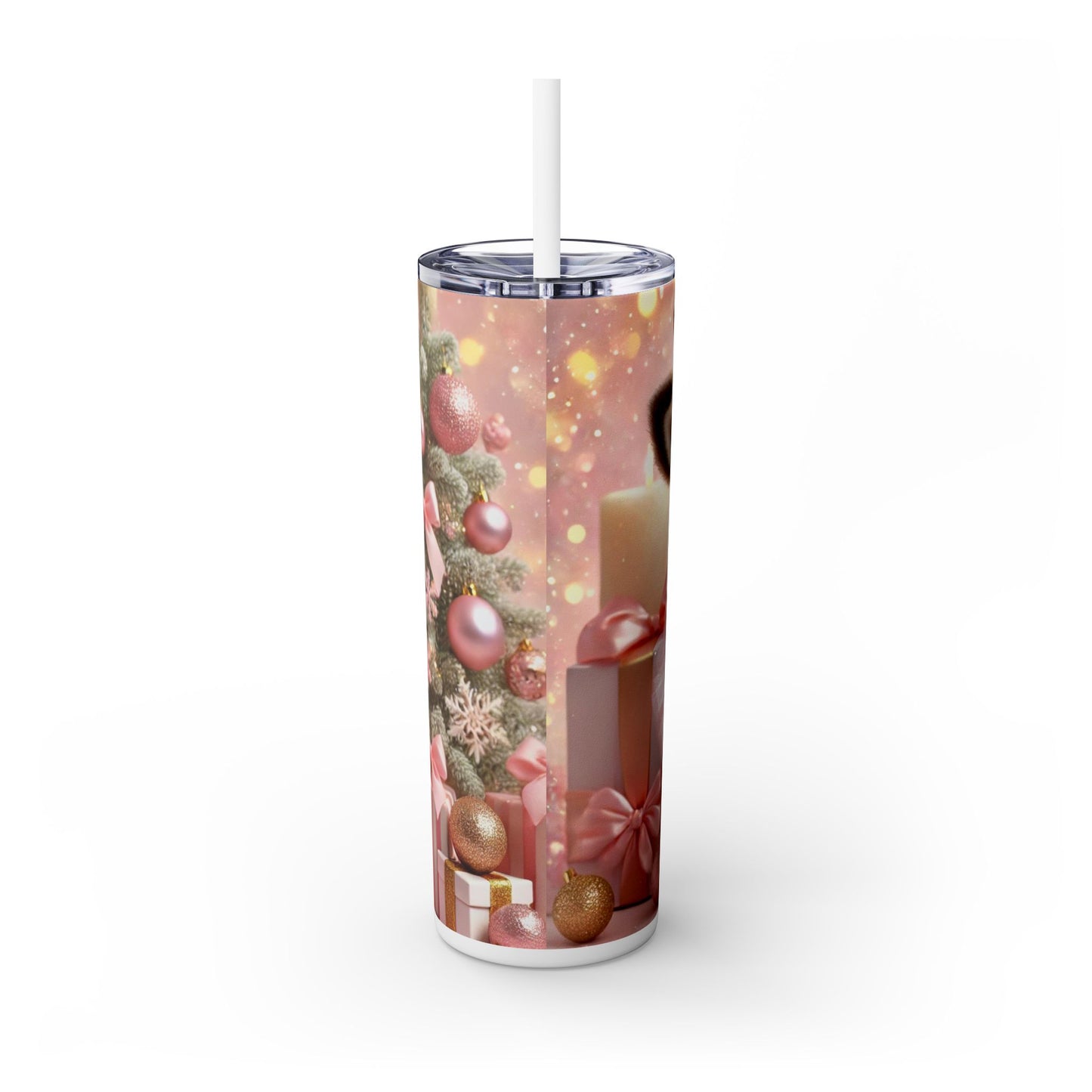 Christmas Reindeer Princess in Pink and White Striped Tutu 20oz Glossy Skinny Tumbler