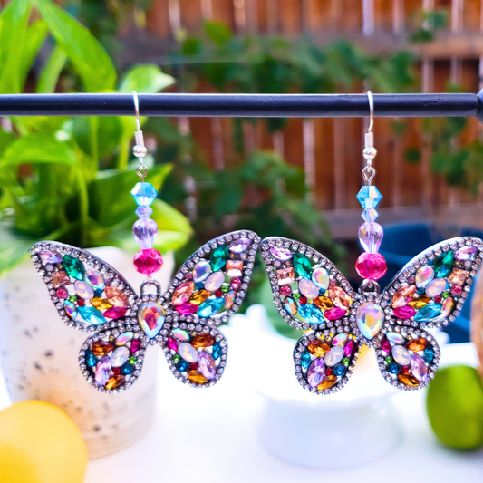 Multicolored Sparkly Butterfly Statement Earrings - Dazzling Summer Glam