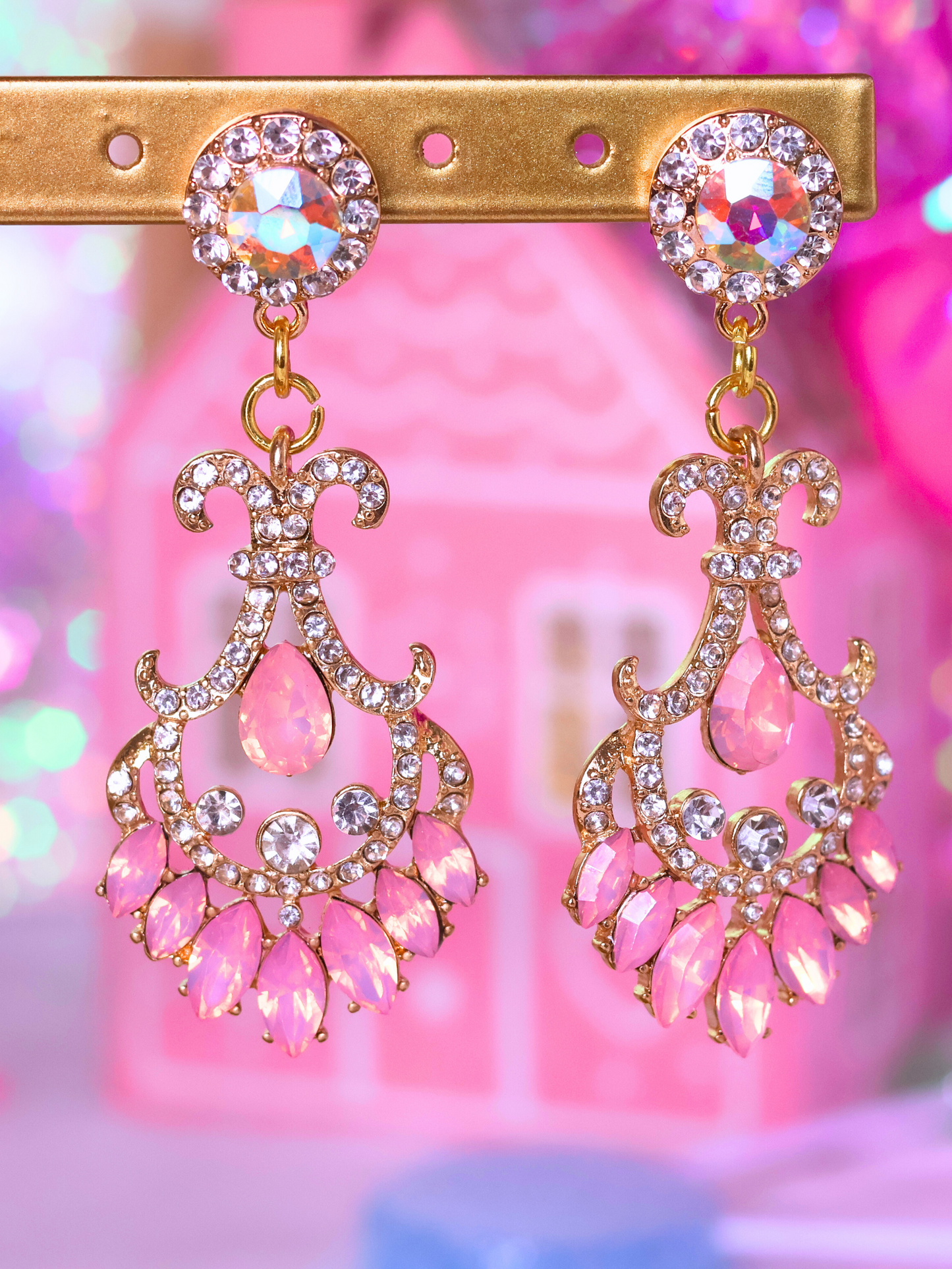 Pink Christmas Collection: Elegant Crystal Chandelier Earrings – Perfect for Holiday Glam