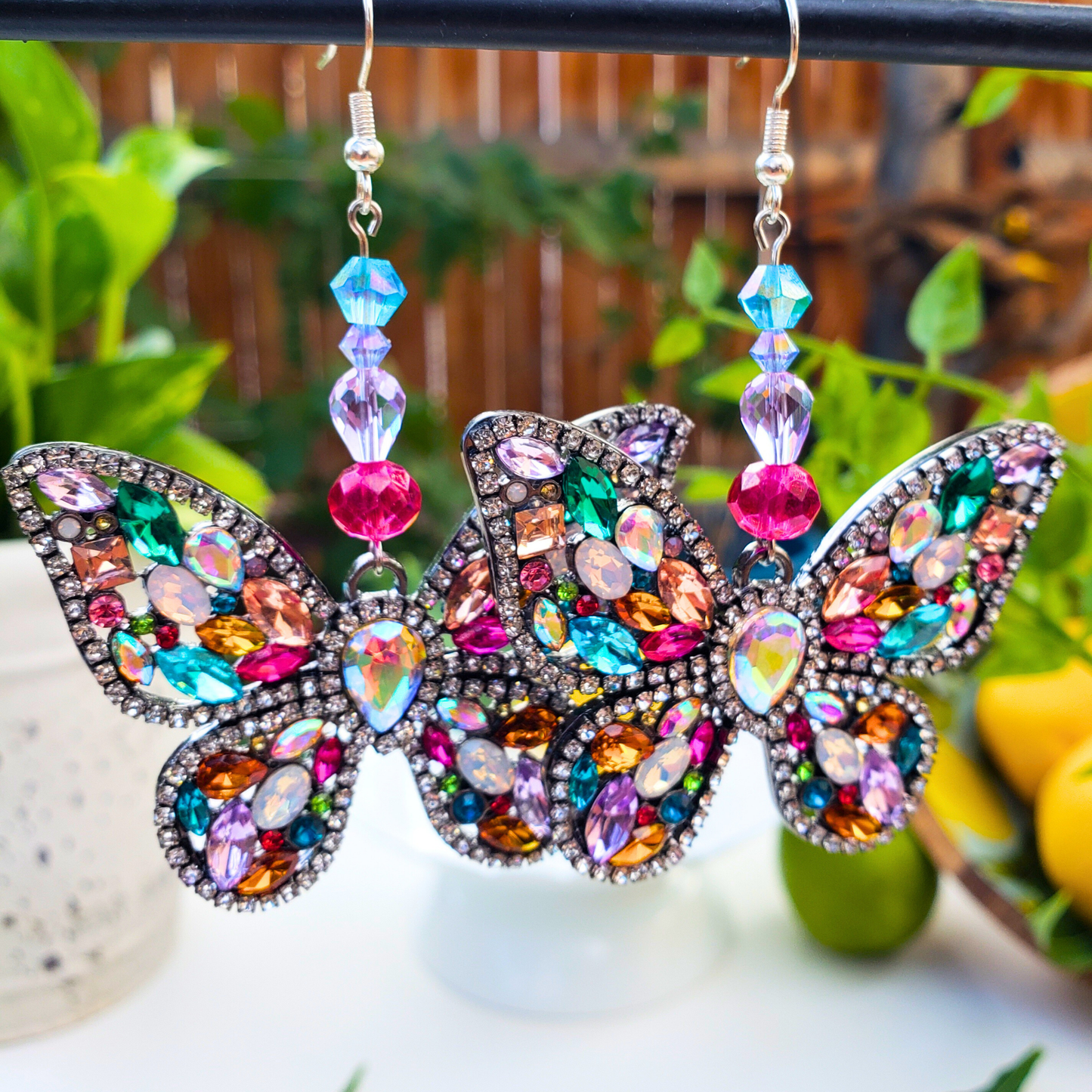 Multicolored Sparkly Butterfly Statement Earrings - Dazzling Summer Glam