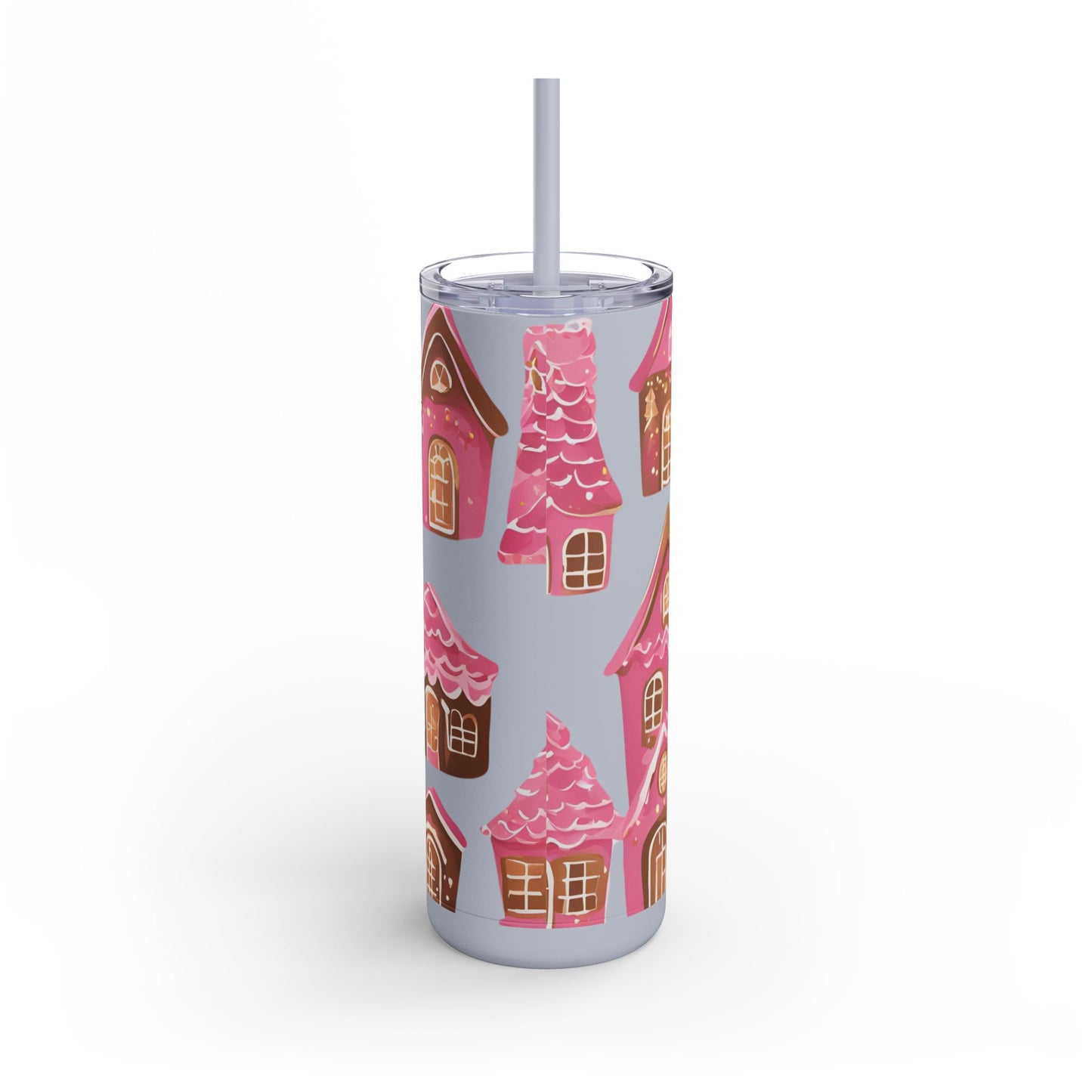 Pink Gingerbread Houses Skinny (MATTE) Tumbler – | 20oz Holiday Drinkware in Dusty Rose, Dusty Blue & Sea Glass