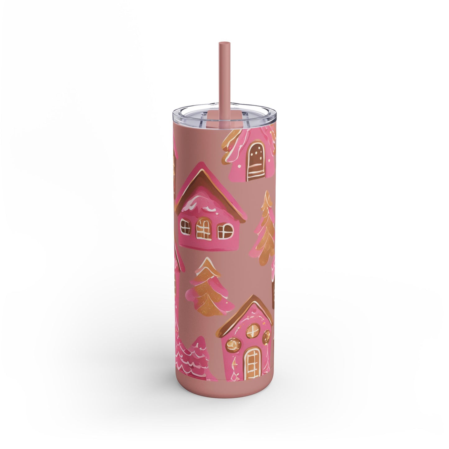 Pink Gingerbread Houses Skinny (MATTE) Tumbler – | 20oz Holiday Drinkware in Dusty Rose, Dusty Blue & Sea Glass