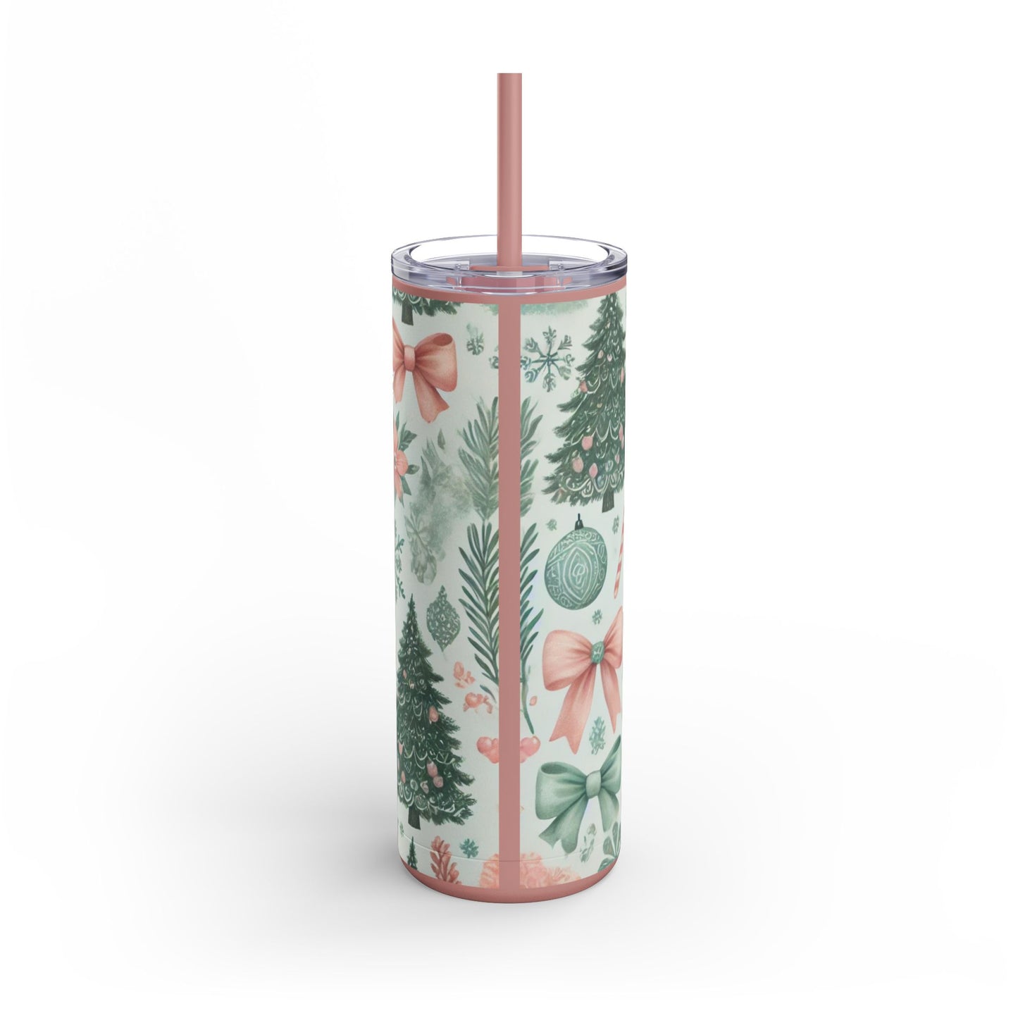 Festive Bow & Tree Skinny Matte Tumbler | 20oz Holiday Drinkware in Dusty Rose, Dusty Blue & Sea Glass