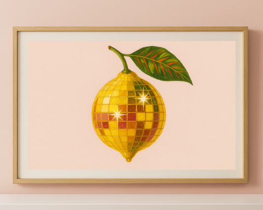 Lemon Disco Ball Wall Art – Funky Citrus Fruit Print