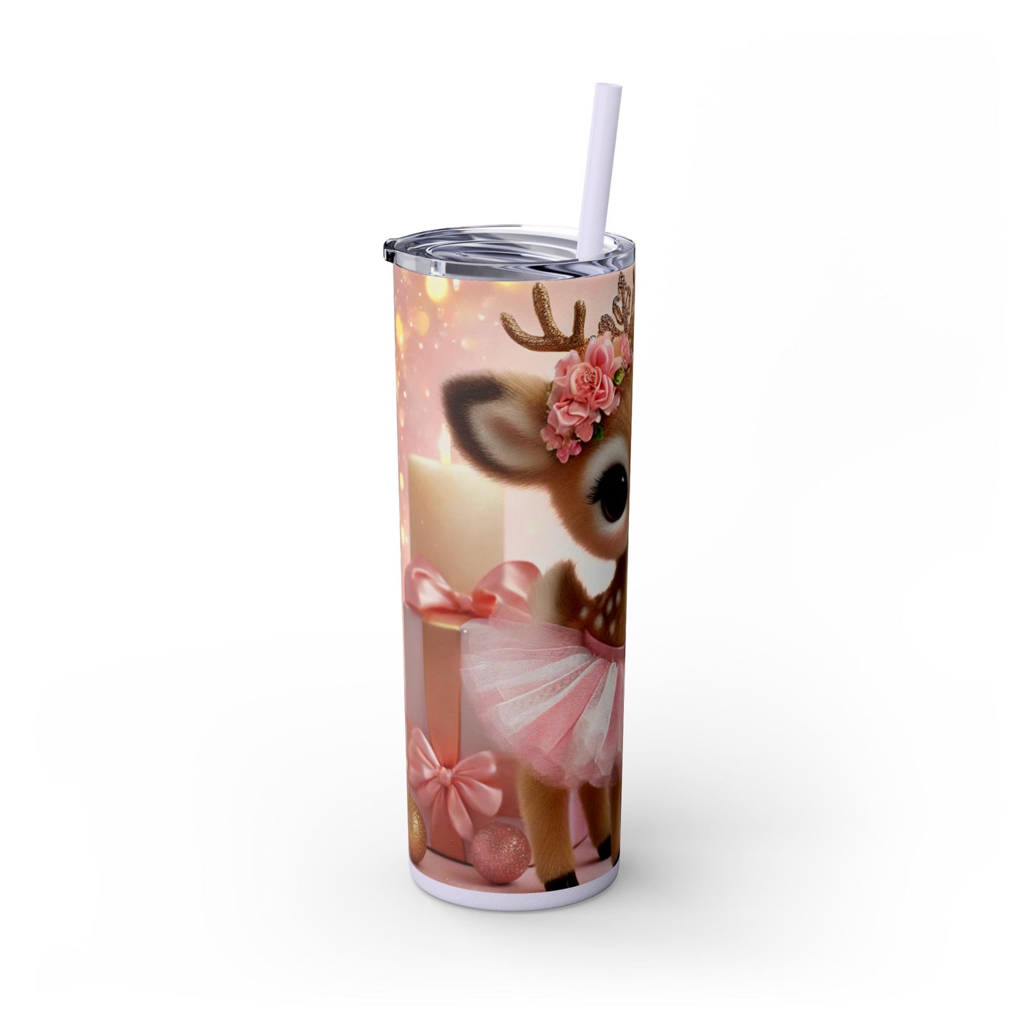 Christmas Reindeer Princess in Pink and White Striped Tutu 20oz Glossy Skinny Tumbler