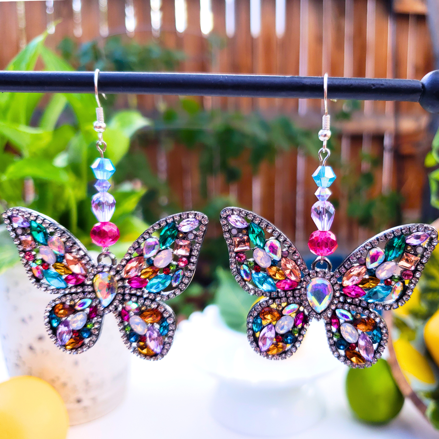 Multicolored Sparkly Butterfly Statement Earrings - Dazzling Summer Glam