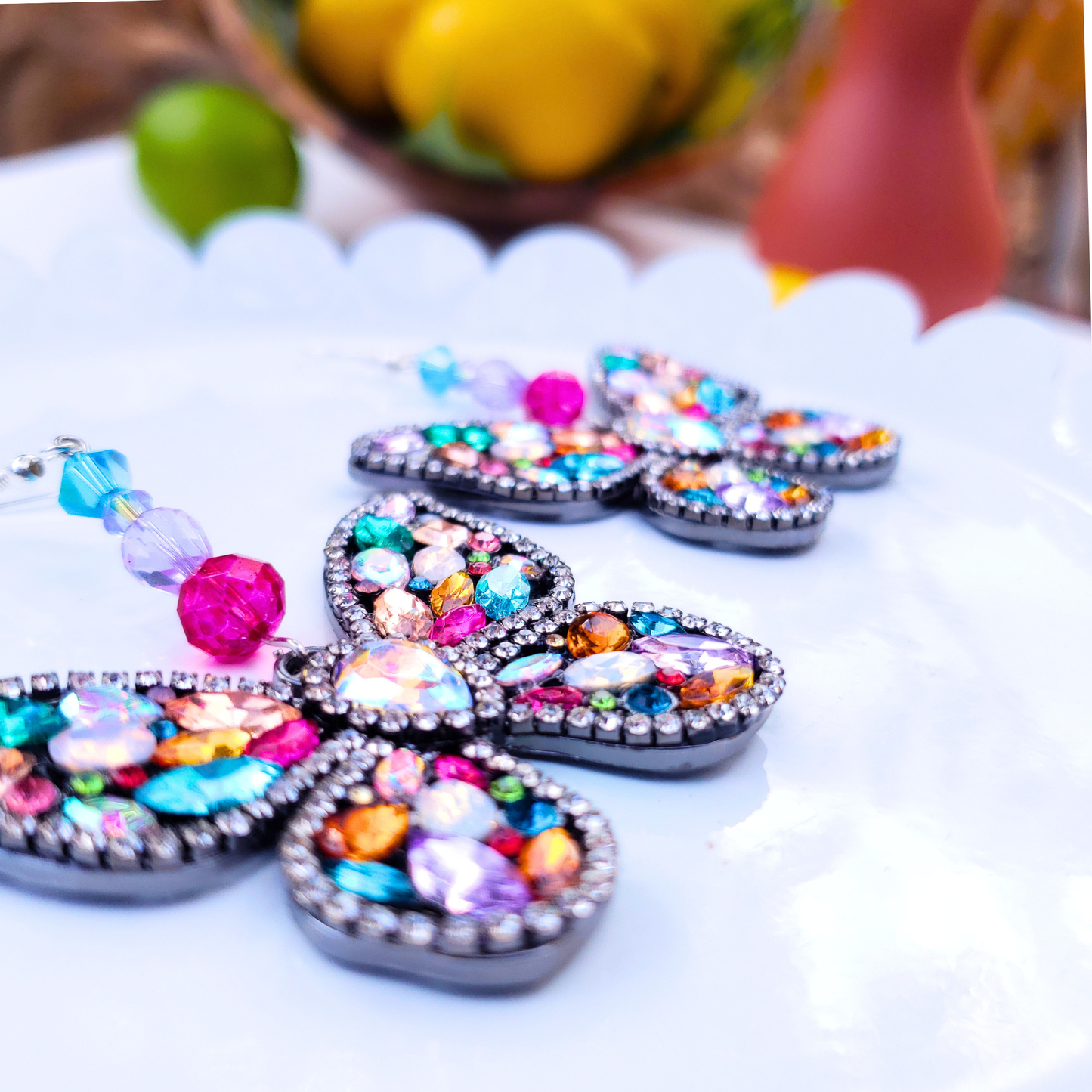 Multicolored Sparkly Butterfly Statement Earrings - Dazzling Summer Glam