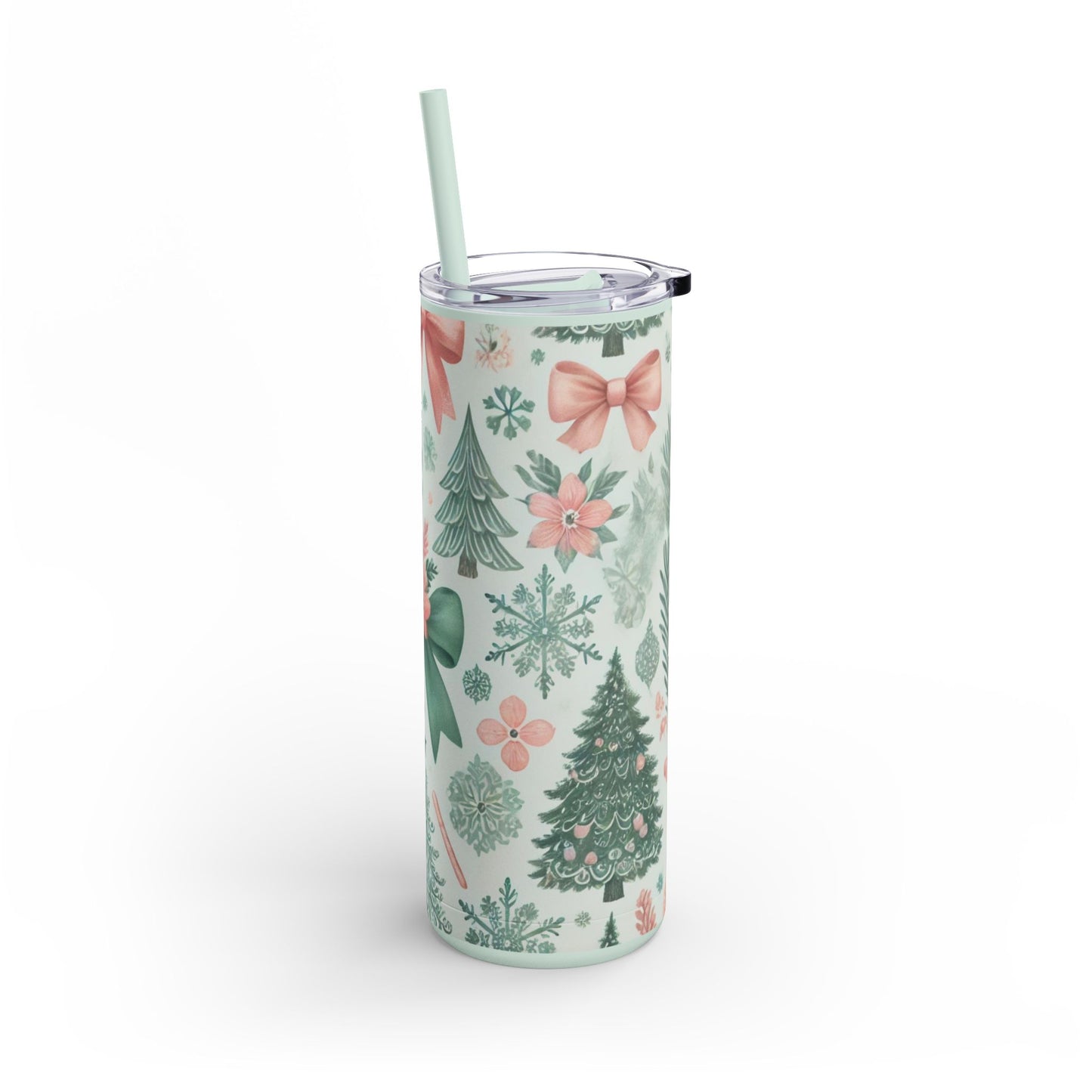 Festive Bow & Tree Skinny Matte Tumbler | 20oz Holiday Drinkware in Dusty Rose, Dusty Blue & Sea Glass