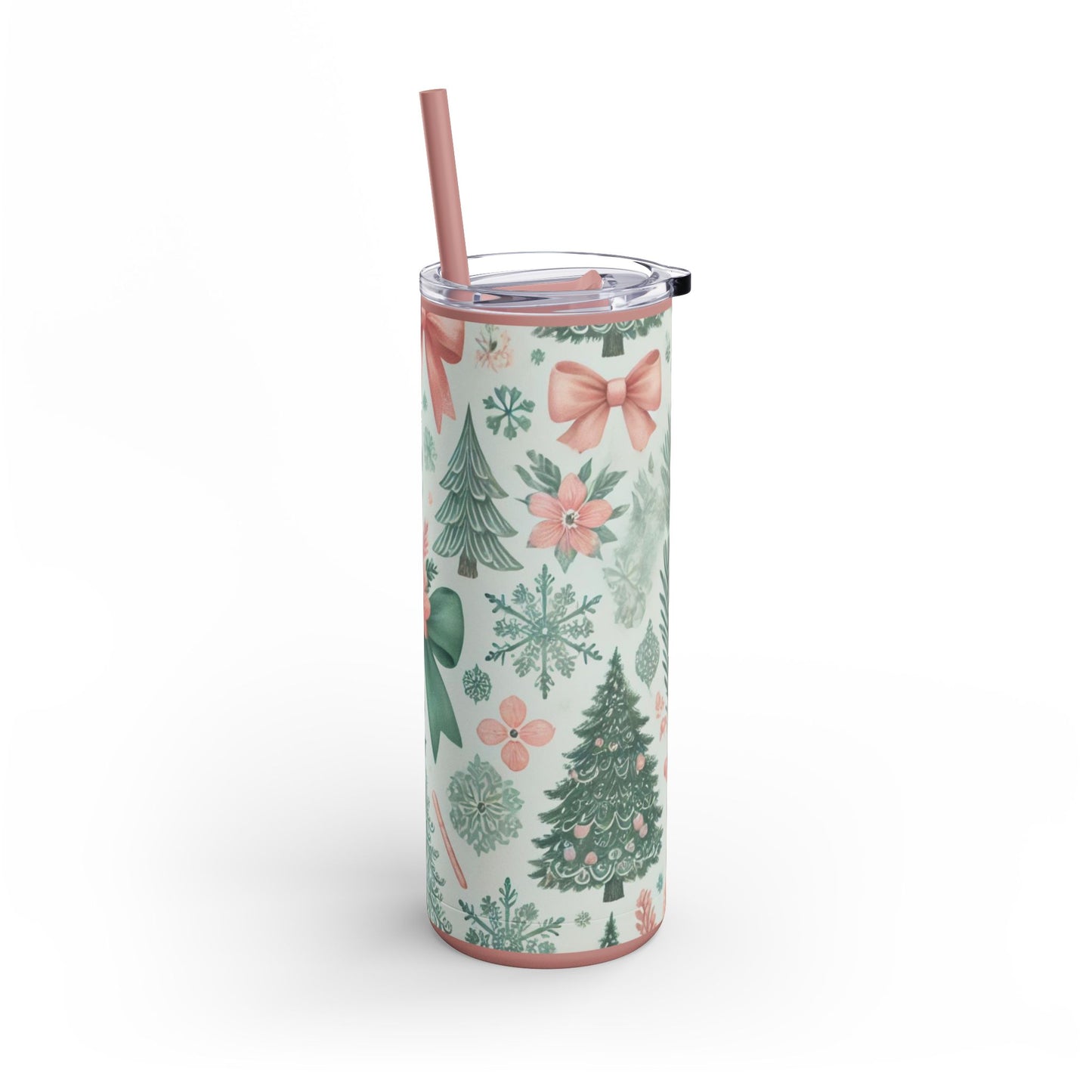 Festive Bow & Tree Skinny Matte Tumbler | 20oz Holiday Drinkware in Dusty Rose, Dusty Blue & Sea Glass