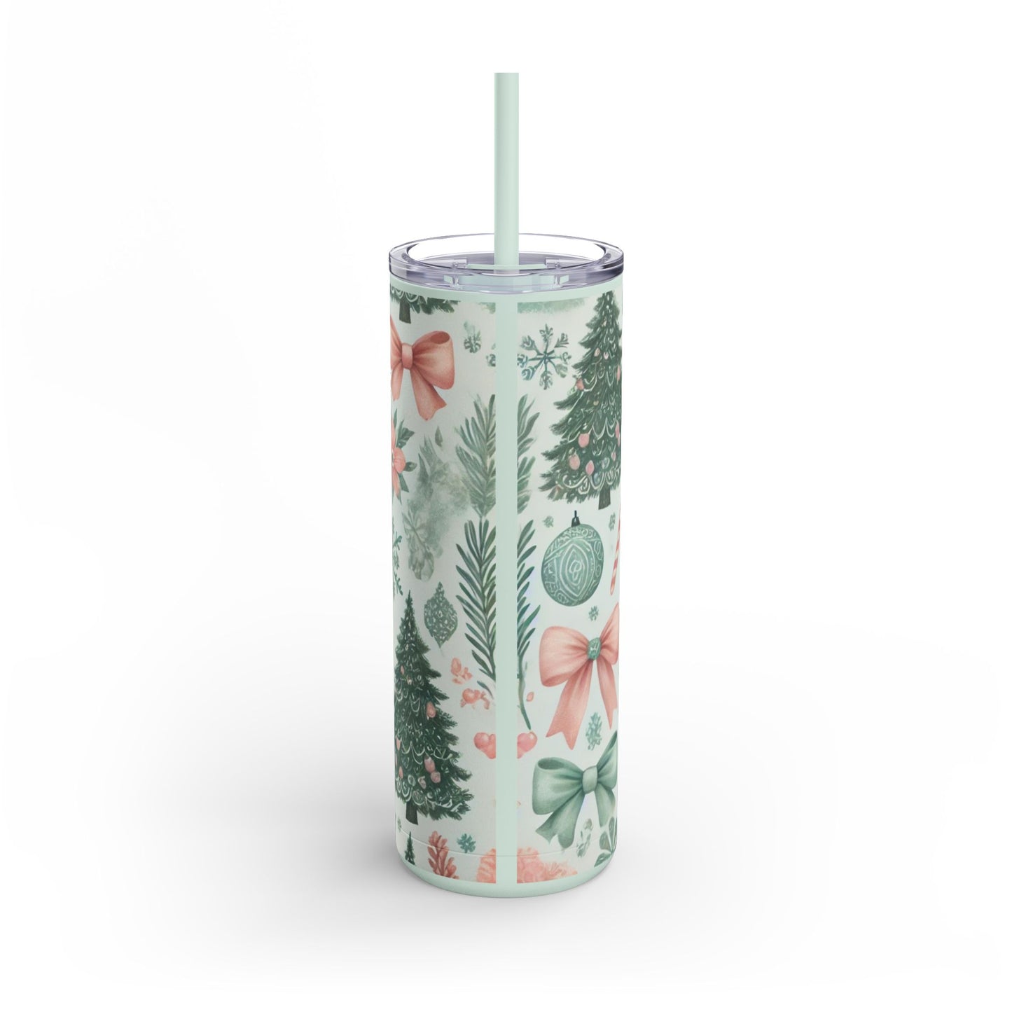 Festive Bow & Tree Skinny Matte Tumbler | 20oz Holiday Drinkware in Dusty Rose, Dusty Blue & Sea Glass