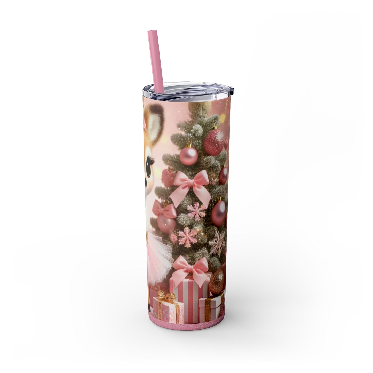 Christmas Reindeer Princess in Pink and White Striped Tutu 20oz Glossy Skinny Tumbler