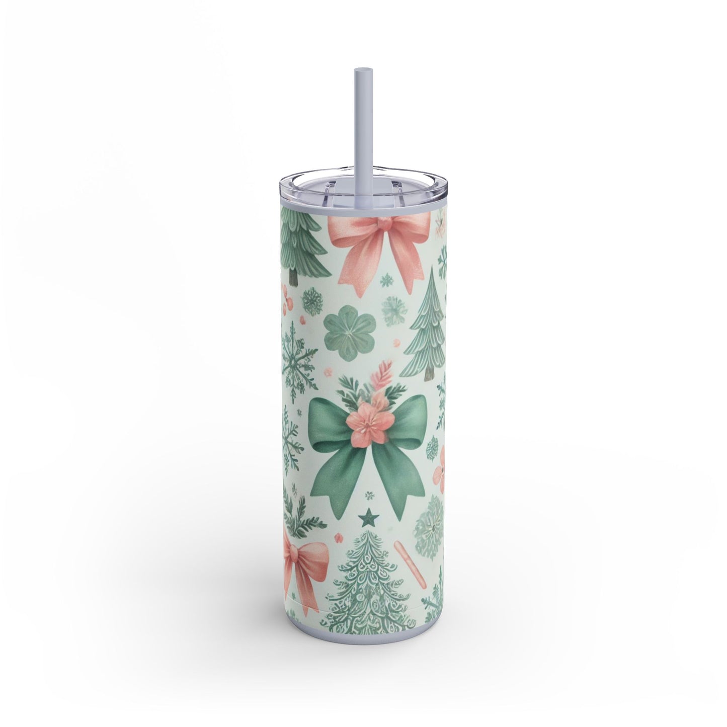 Festive Bow & Tree Skinny Matte Tumbler | 20oz Holiday Drinkware in Dusty Rose, Dusty Blue & Sea Glass