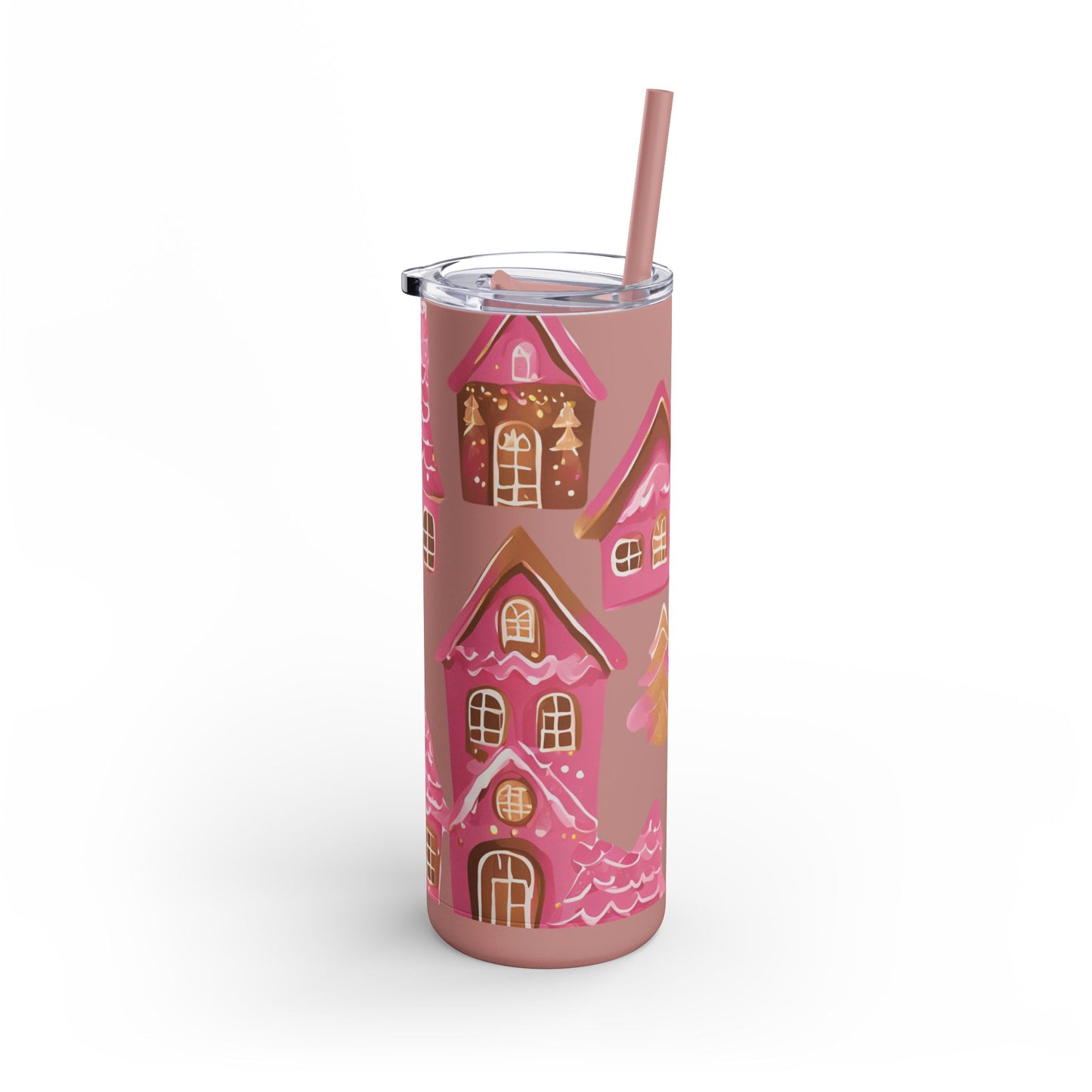 Pink Gingerbread Houses Skinny (MATTE) Tumbler – | 20oz Holiday Drinkware in Dusty Rose, Dusty Blue & Sea Glass