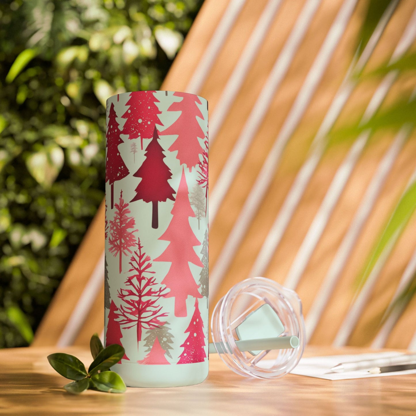 Sea Glass & Pink Forest  Skinny Matte Tumbler | 20oz Holiday Drinkware in Dusty Rose, Dusty Blue & Sea Glass