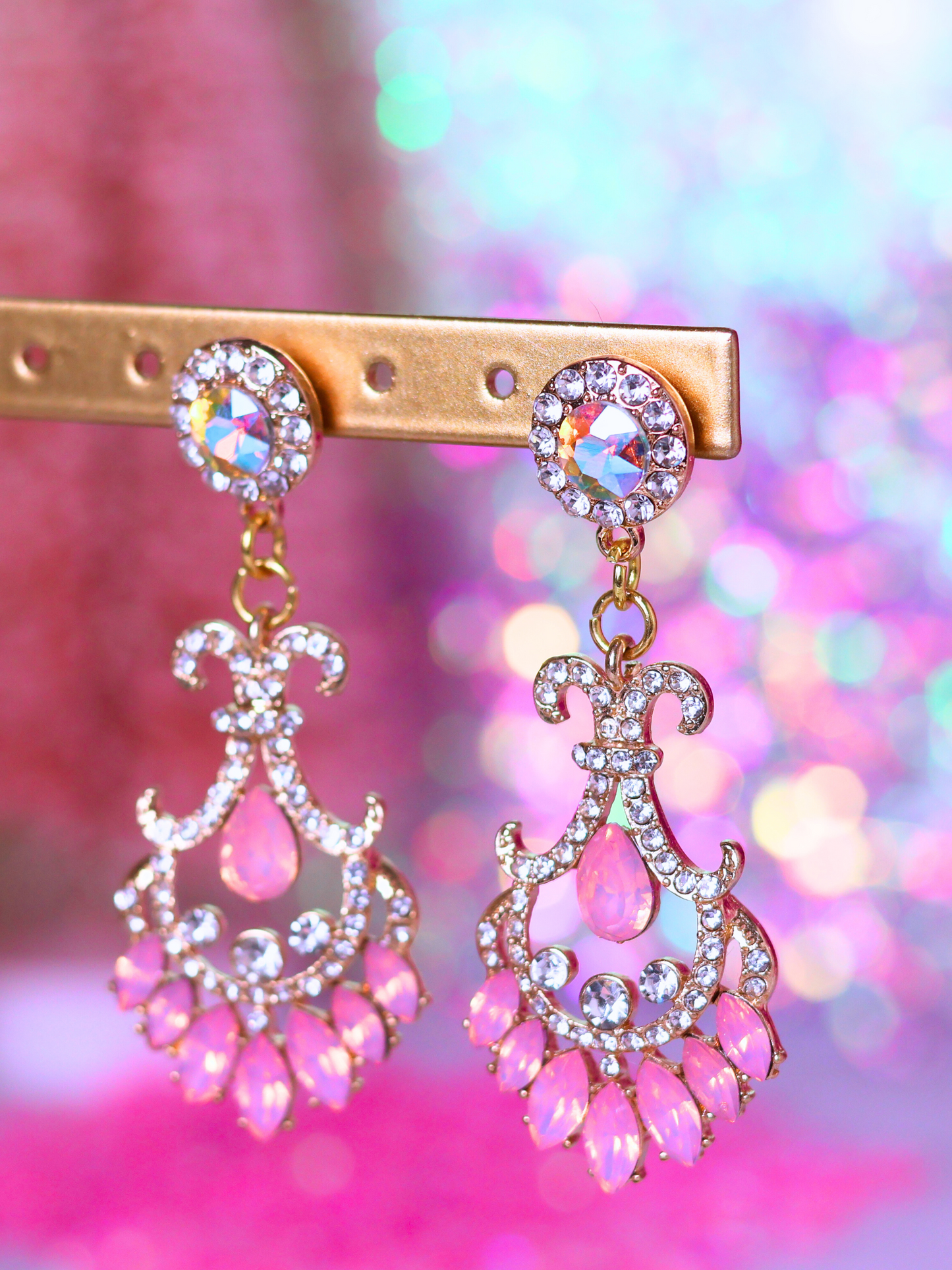 Pink Christmas Collection: Elegant Crystal Chandelier Earrings – Perfect for Holiday Glam