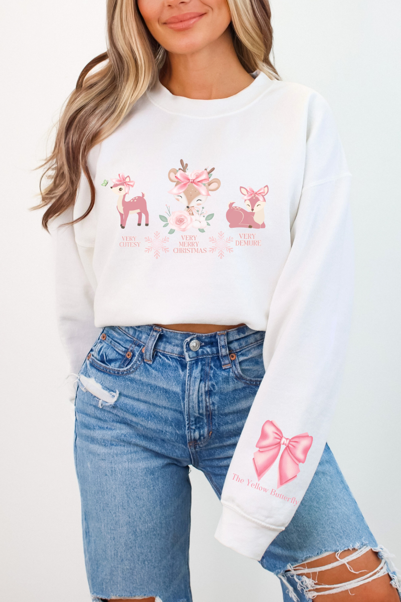 Cozy Very Cutesy Very Demure  Pink Reindeer Christmas Sweatshirt