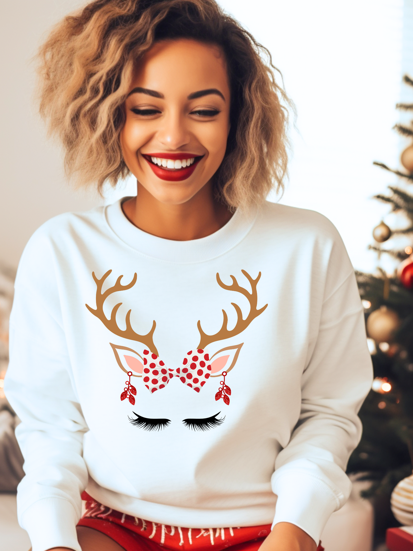 Christmas Glam Deer Antlers Polka Dot Bow Sweatshirt