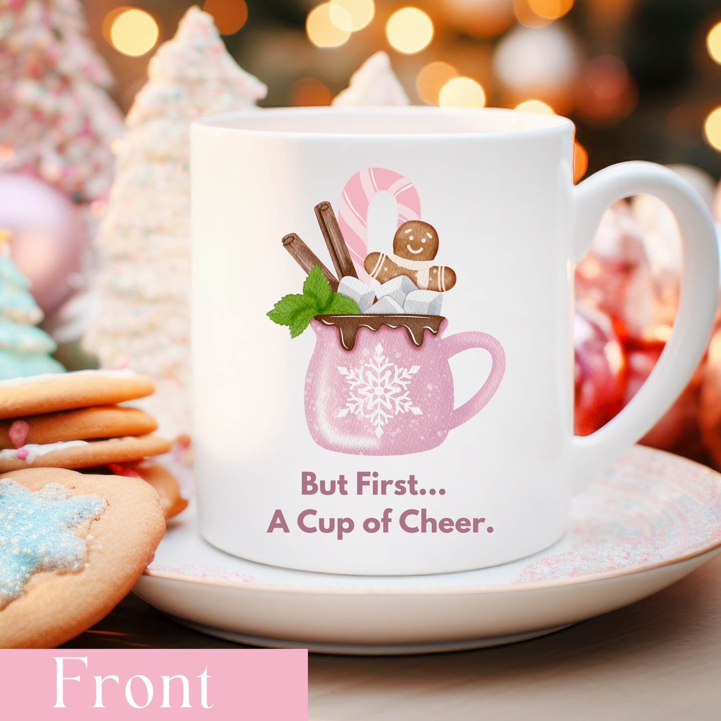 Cute Pink Christmas Mug with Gingerbread & Candy Cane – 11oz  Ceramic Holiday Mug