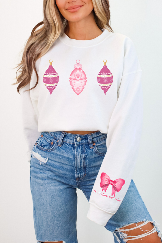 Cozy Christmas Sweatshirt with Pink Ornaments