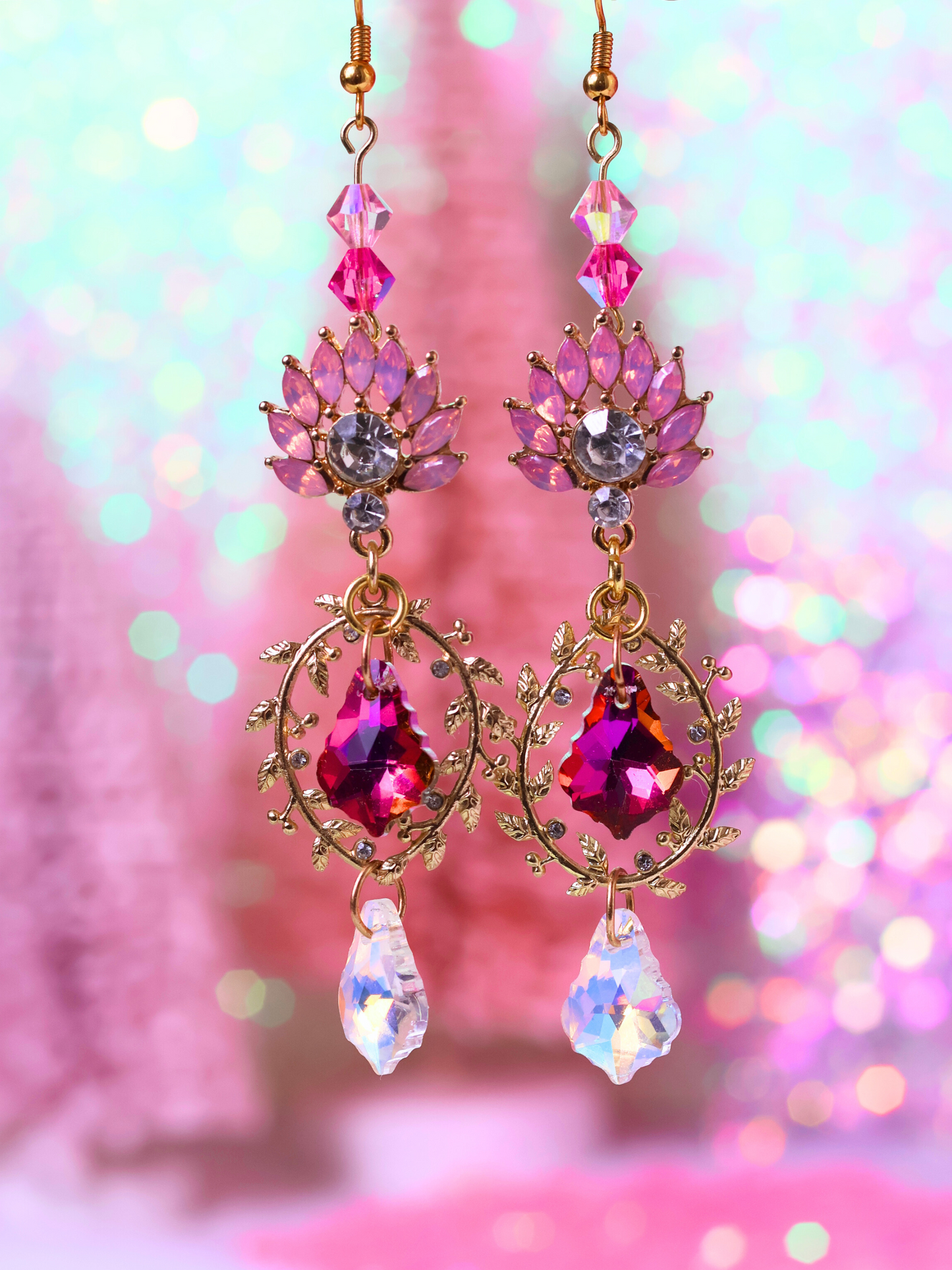 Pink Christmas Collection: Glamorous Pink Crystal Drop Earrings – Sparkling Elegance for the Holidays