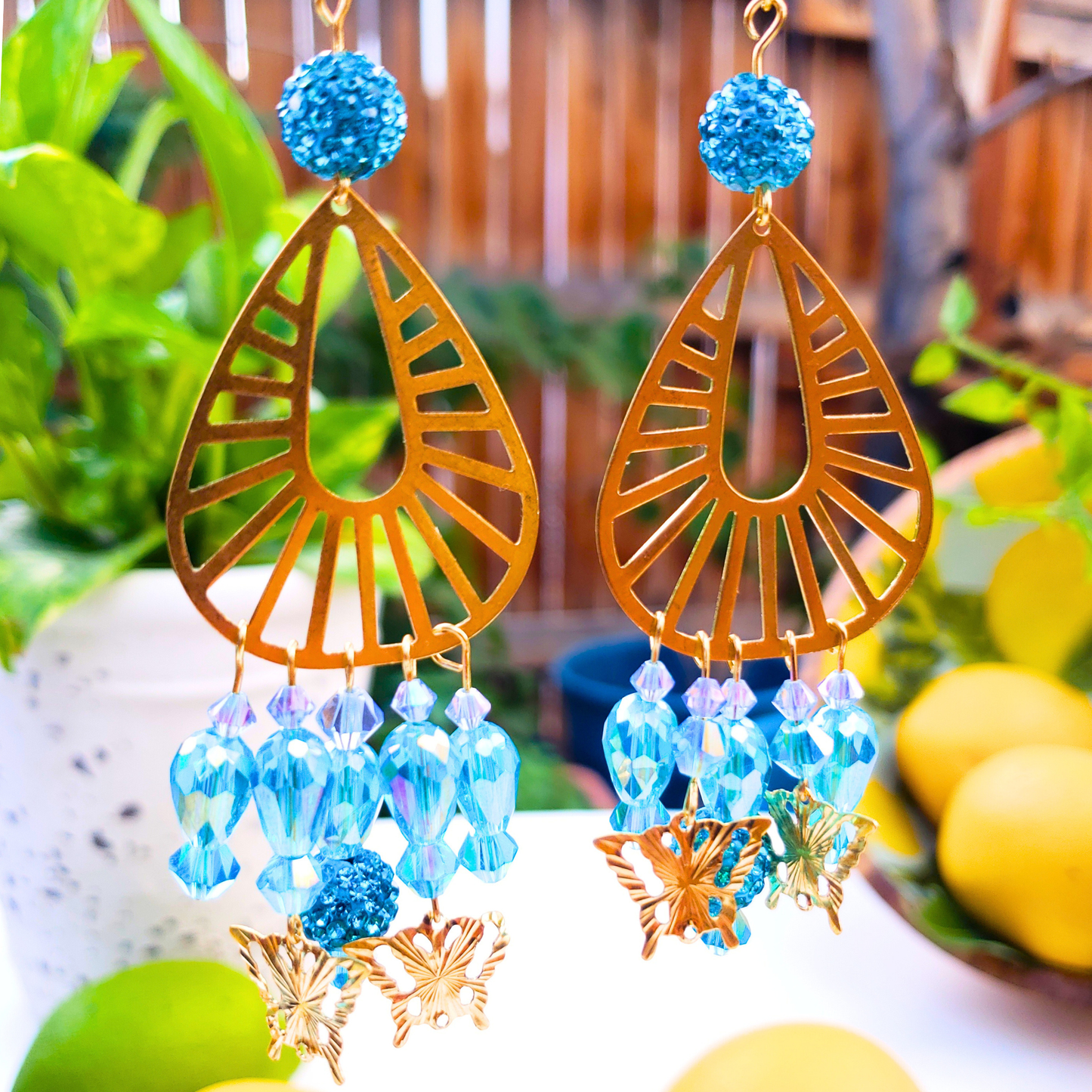 Golden Butterfly Chandelier Earrings with Blue Beads - Summer Elegance