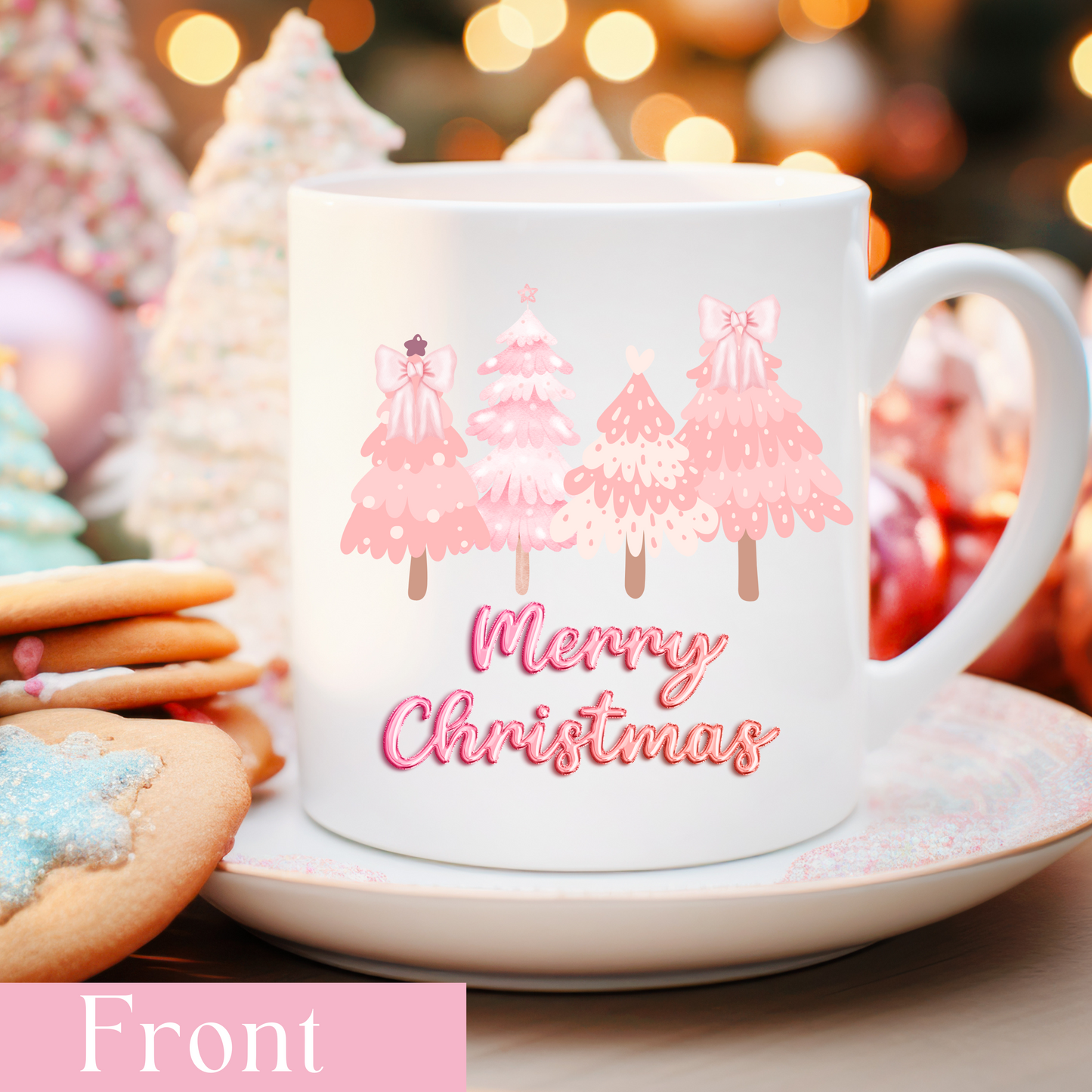 Cute Pink Christmas Trees Merry Christmas Ceramic Mug, 11oz/15oz