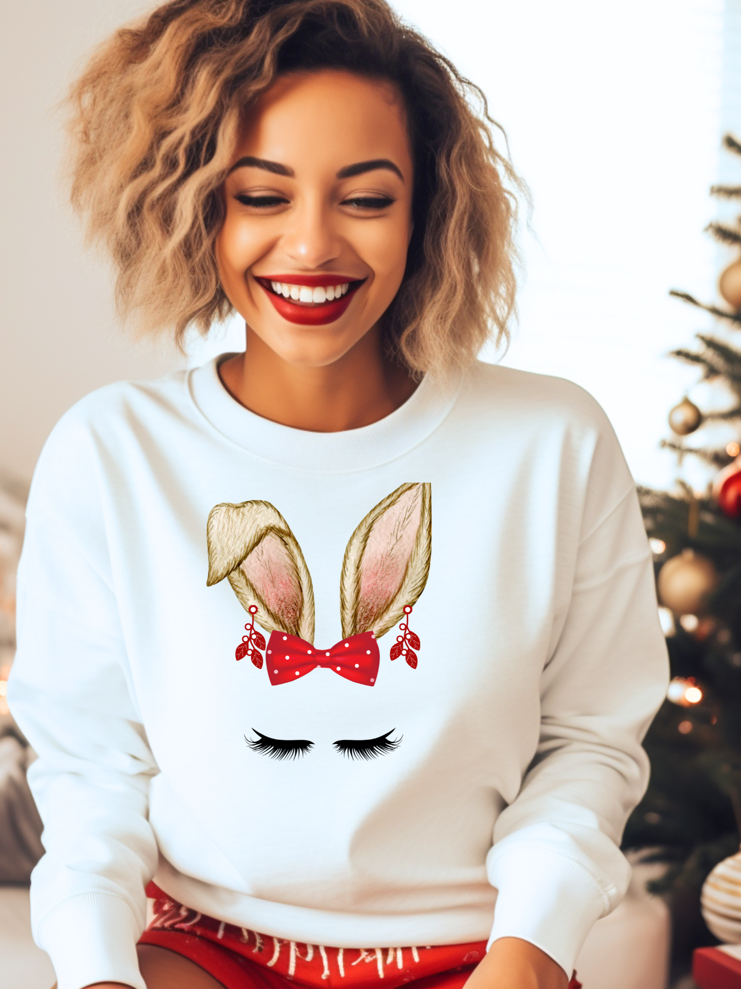 Christmas Bunny Ears Red Bow with Polka Dots and Dangle Earrings Sweatshirt