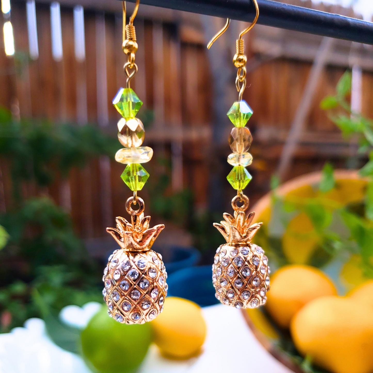 Gold Rhinestone Pineapple Dangle Earrings  - Tropical Glam Statement