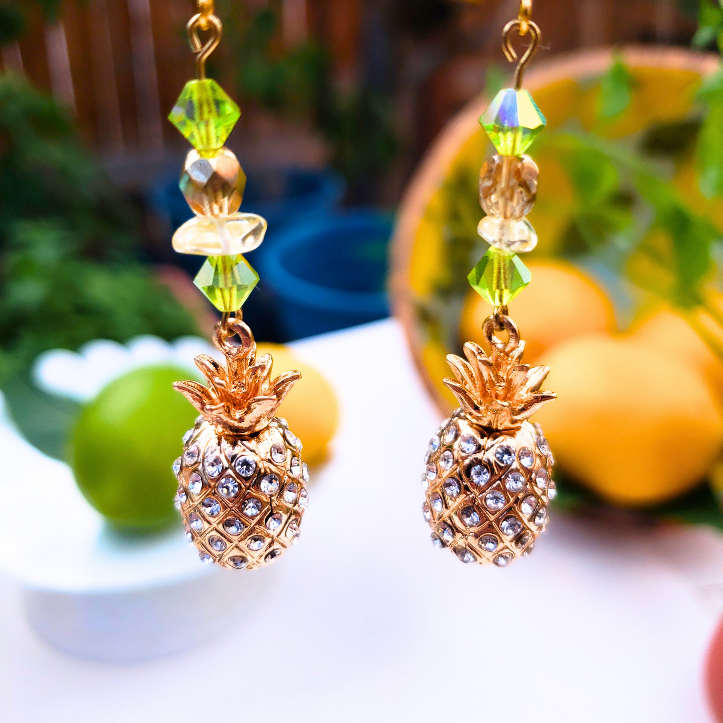 Gold Rhinestone Pineapple Dangle Earrings  - Tropical Glam Statement