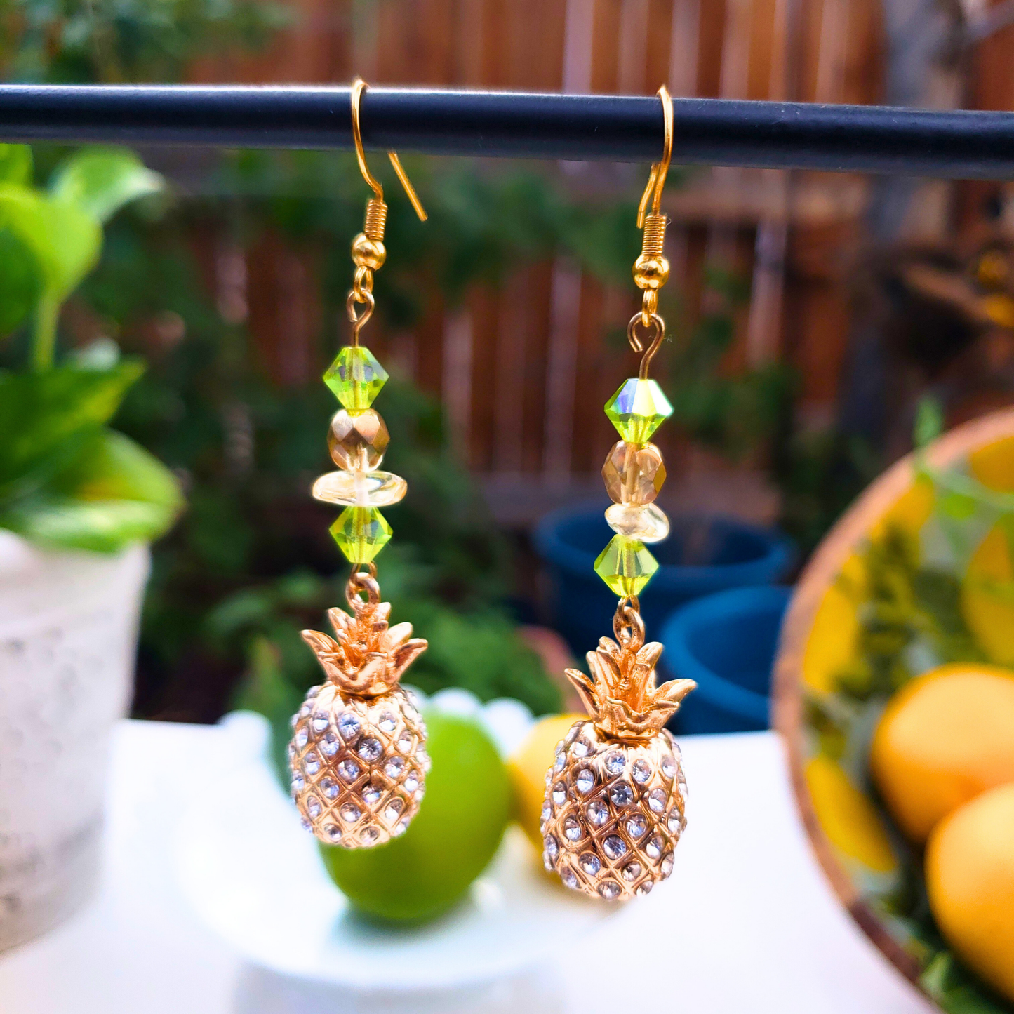 Gold Rhinestone Pineapple Dangle Earrings  - Tropical Glam Statement