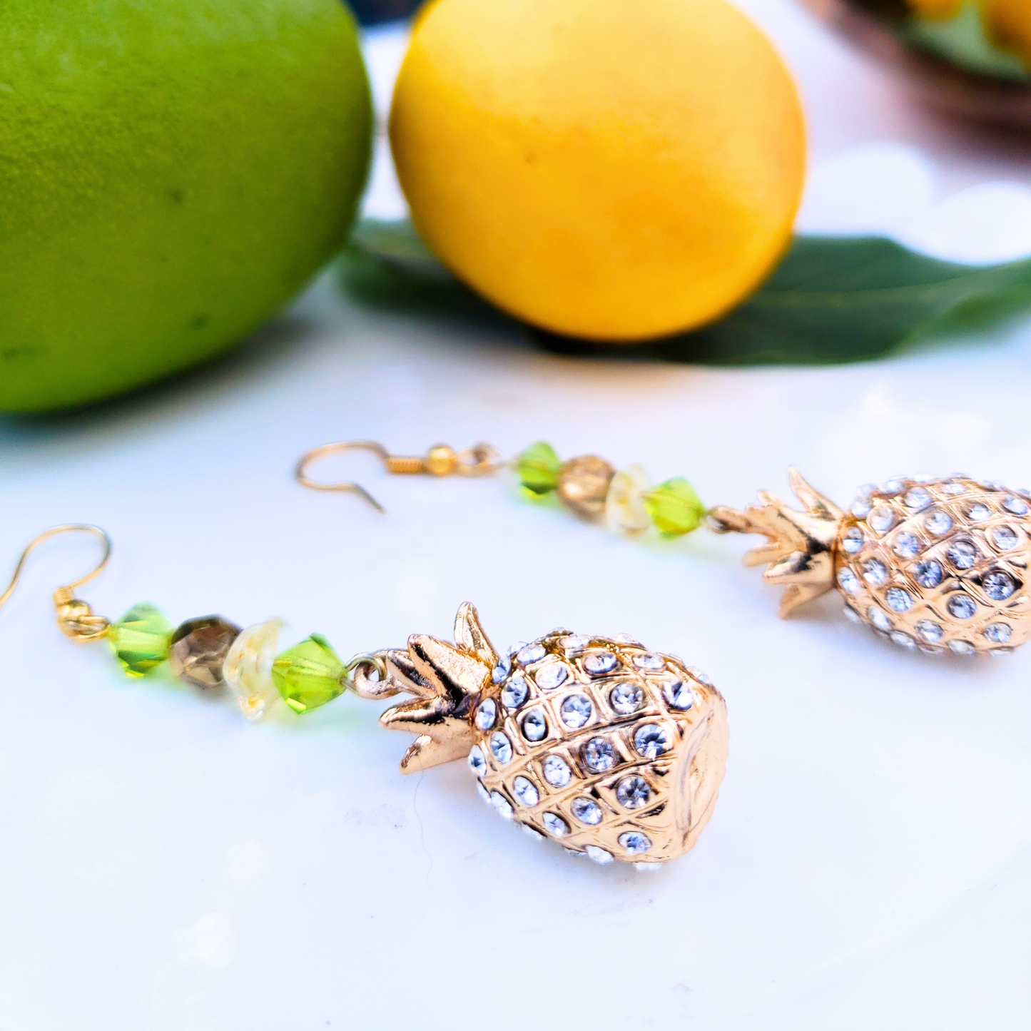 Gold Rhinestone Pineapple Dangle Earrings  - Tropical Glam Statement