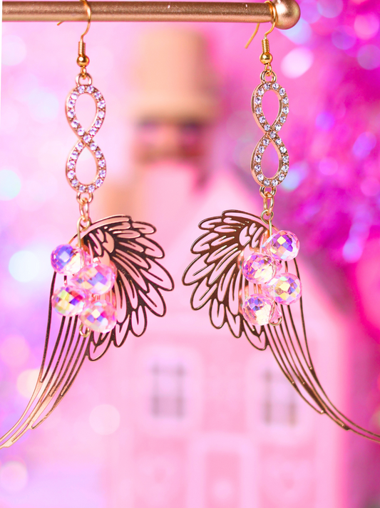 Pink Christmas Collection: Angel Wing Crystal Earrings – Elegant and Whimsical Holiday Jewelry