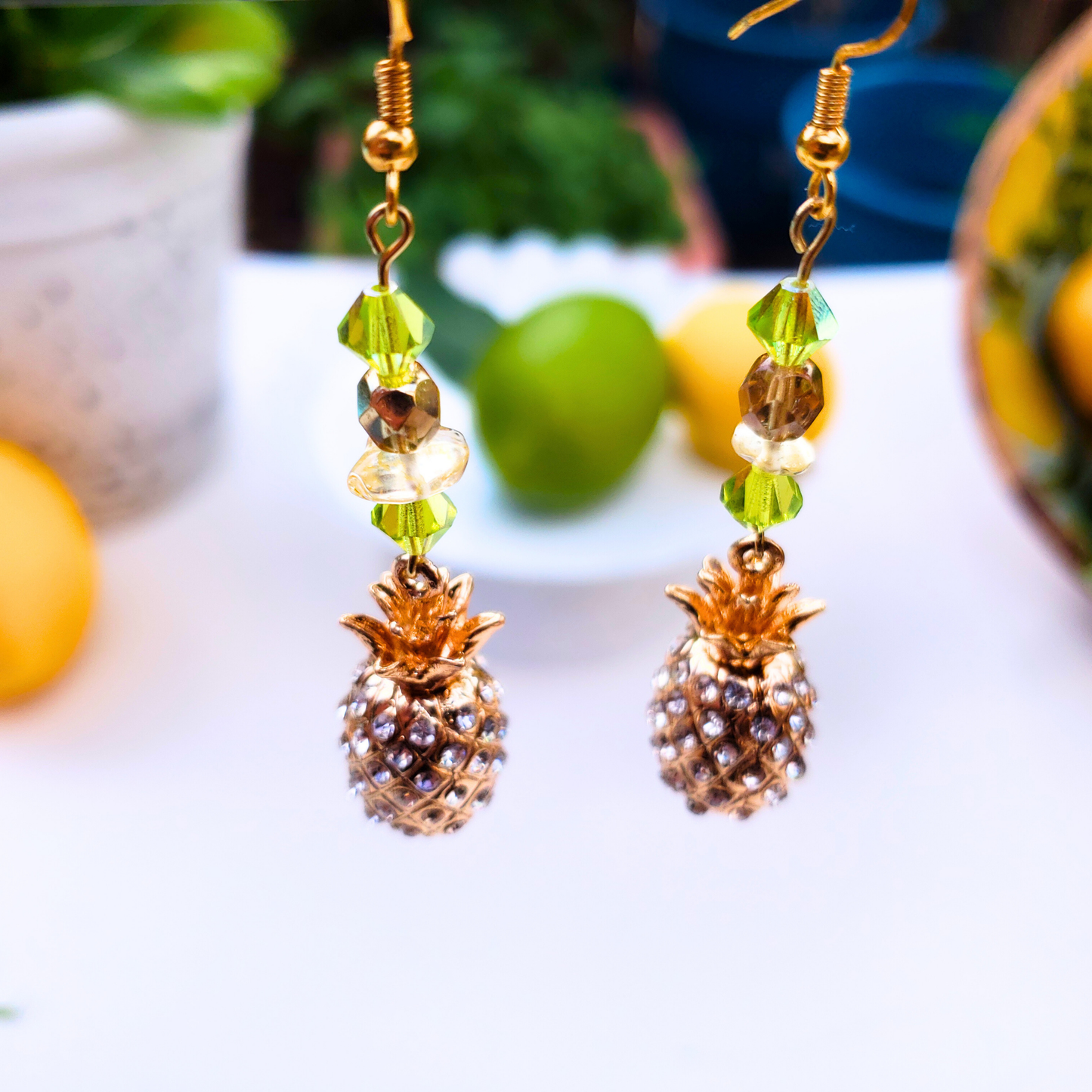 Gold Rhinestone Pineapple Dangle Earrings  - Tropical Glam Statement