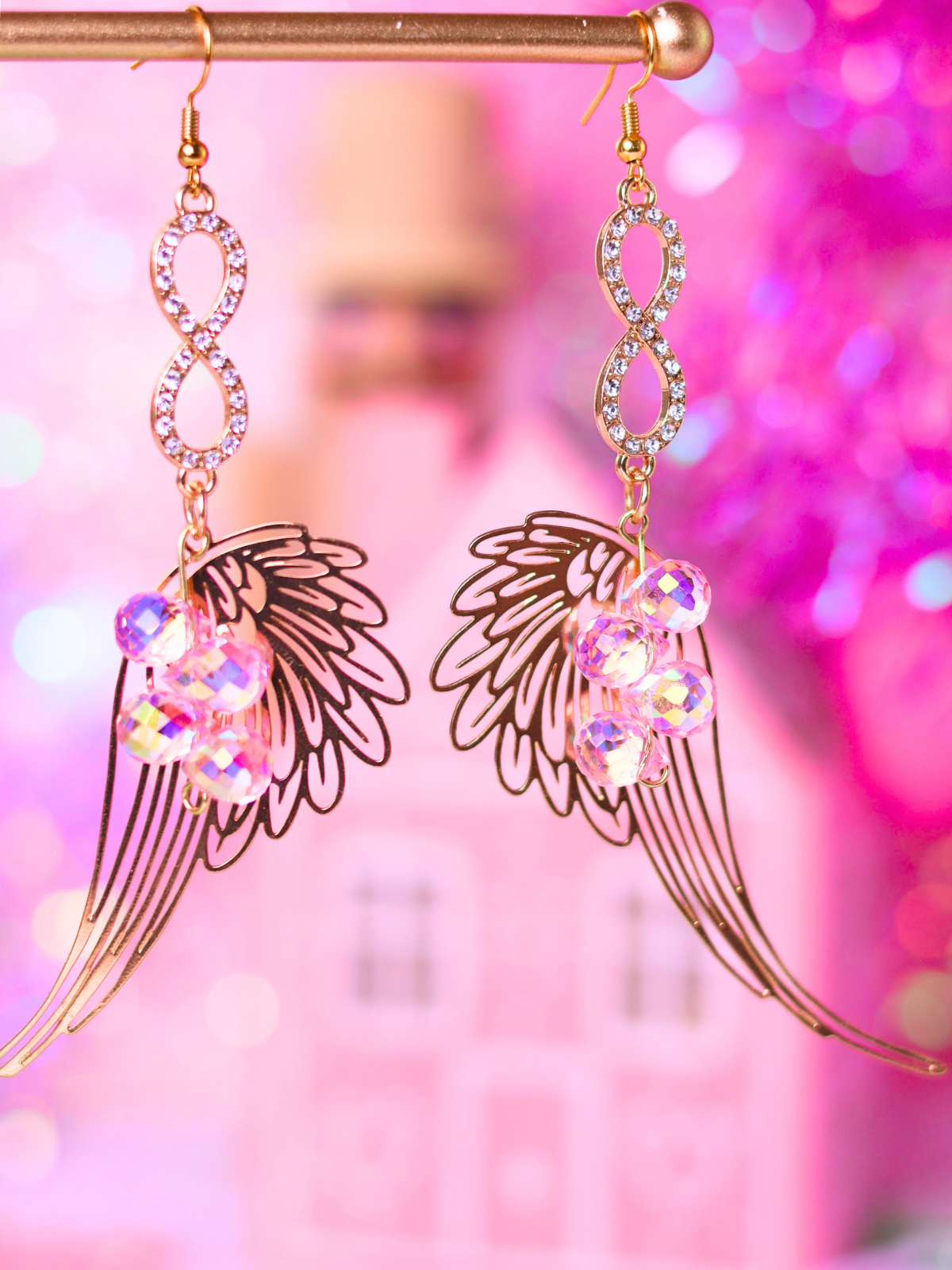 Pink Christmas Collection: Angel Wing Crystal Earrings – Elegant and Whimsical Holiday Jewelry