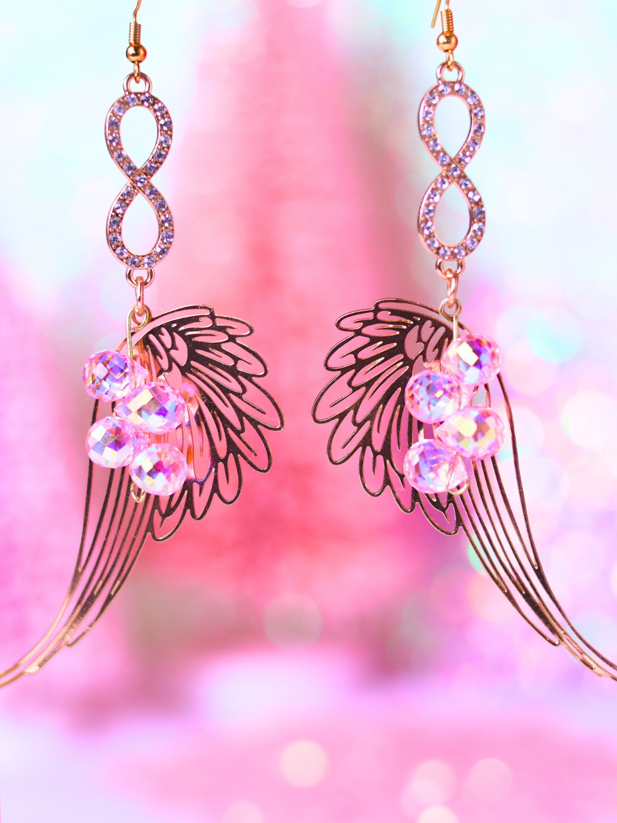 Pink Christmas Collection: Angel Wing Crystal Earrings – Elegant and Whimsical Holiday Jewelry