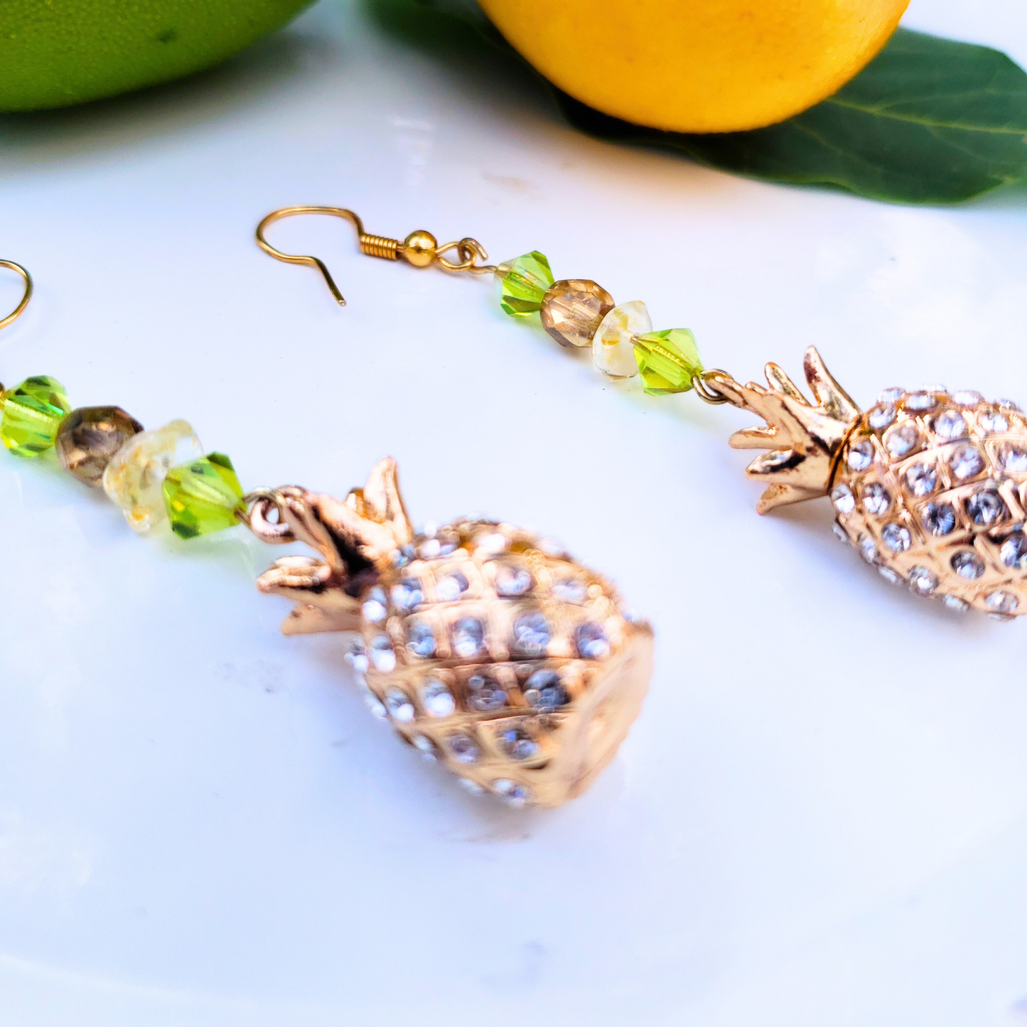 Gold Rhinestone Pineapple Dangle Earrings  - Tropical Glam Statement