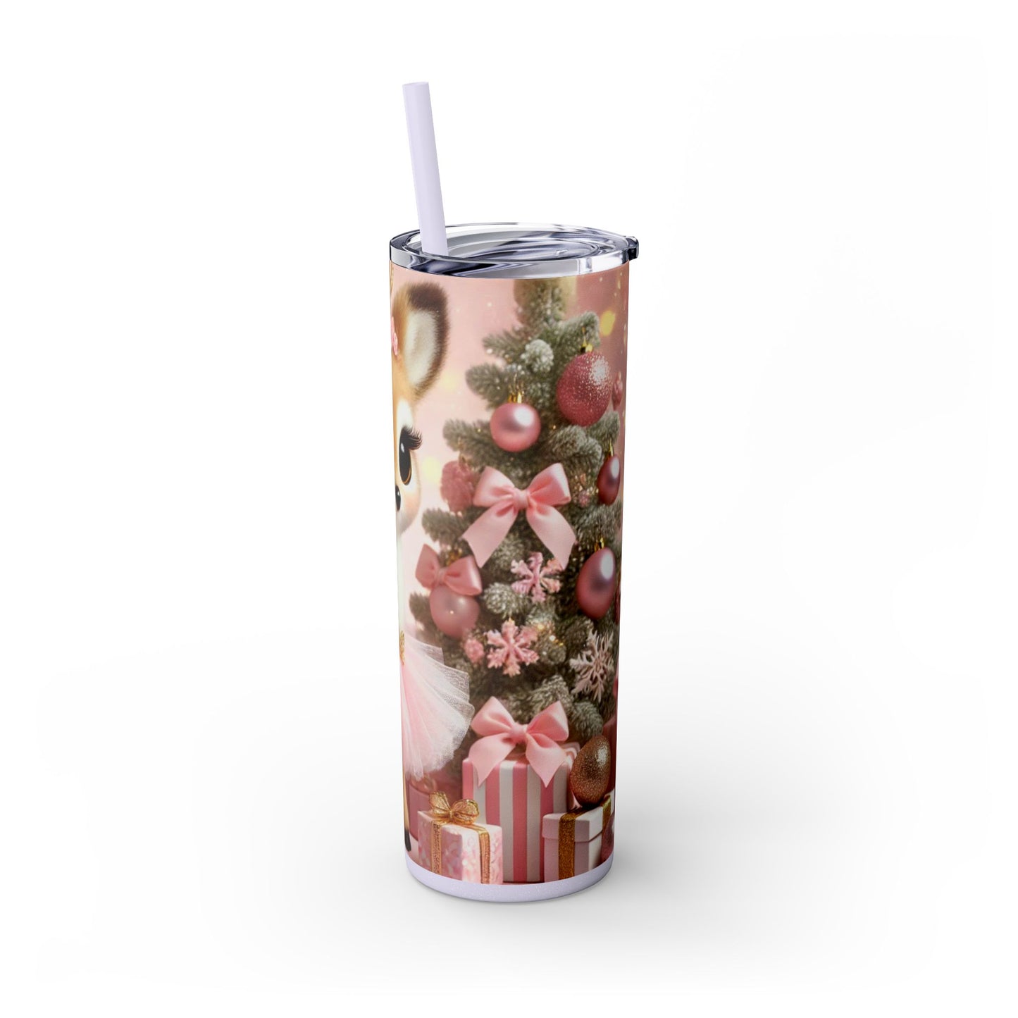 Christmas Reindeer Princess in Pink and White Striped Tutu 20oz Glossy Skinny Tumbler