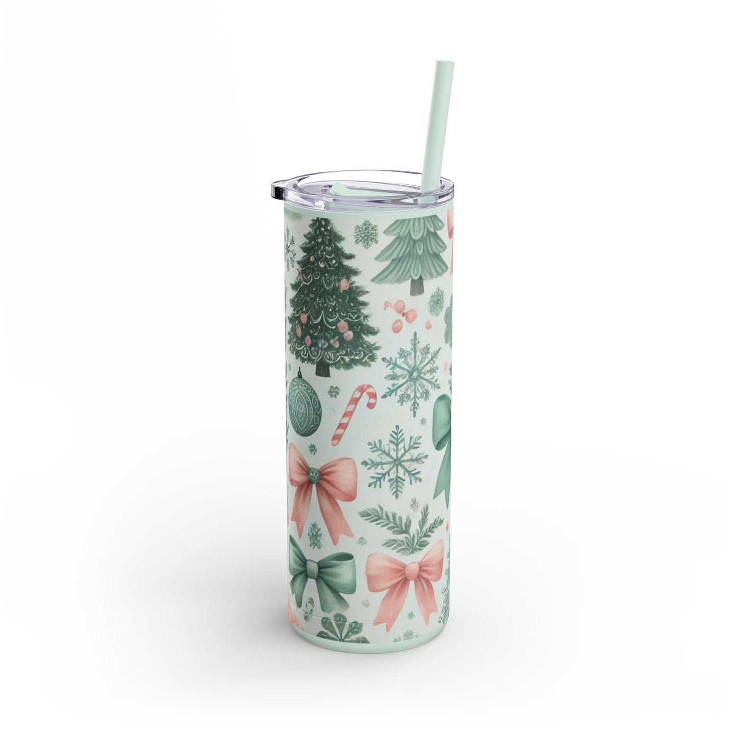 Festive Bow & Tree Skinny Matte Tumbler | 20oz Holiday Drinkware in Dusty Rose, Dusty Blue & Sea Glass